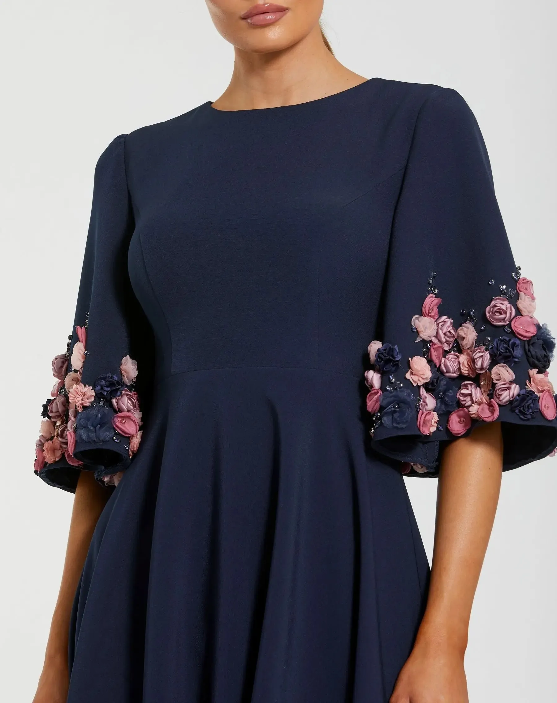 Navy Crepe 3/4 Sleeve A-line Gown With Flower Trim sold by Mac Duggal product image thumbnail 2
