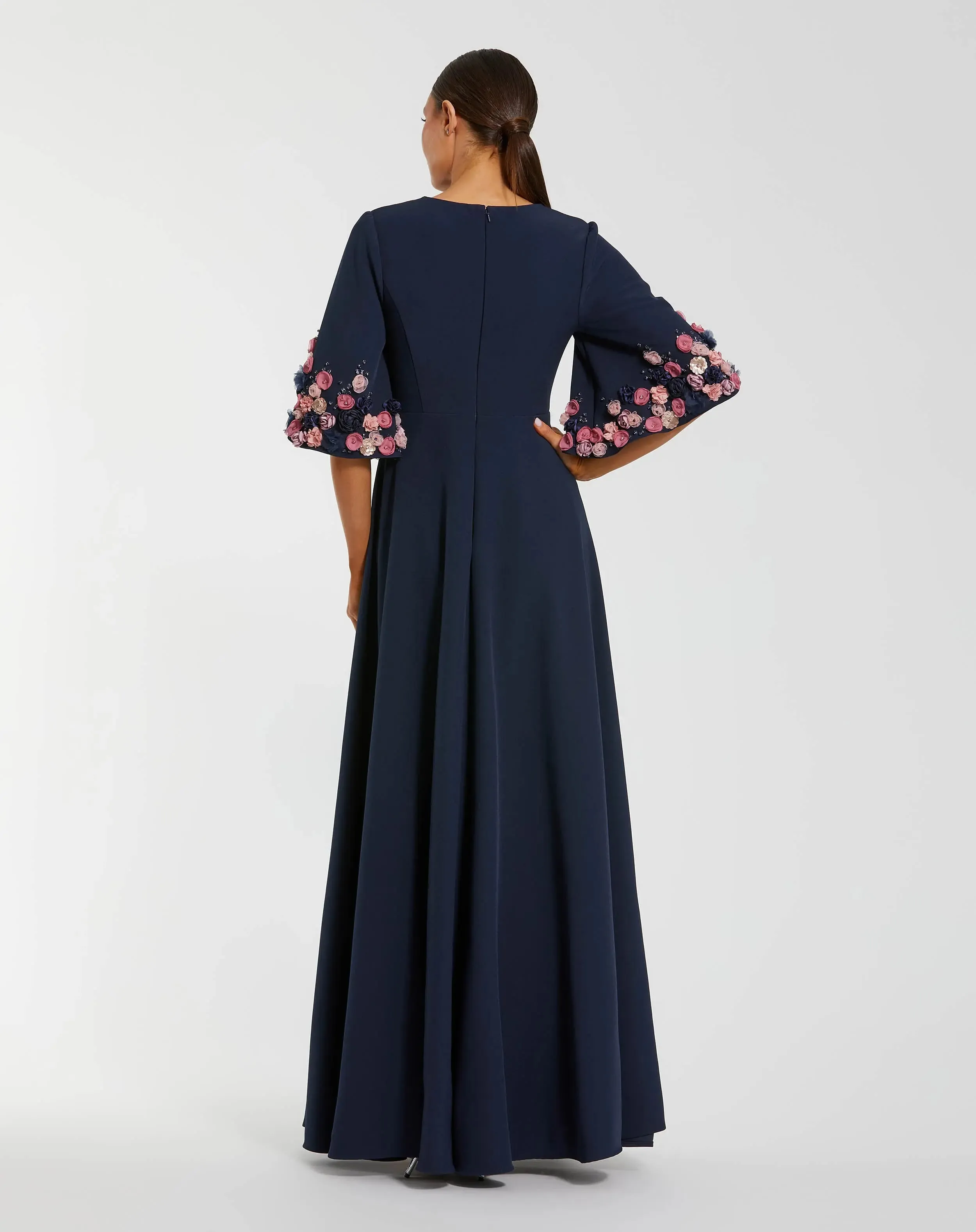 Navy Crepe 3/4 Sleeve A-line Gown With Flower Trim sold by Mac Duggal product image thumbnail 3