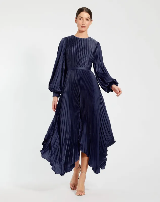 Long Sleeve Pleated Charmeuse Handkerchief Dress made by Mac Duggal