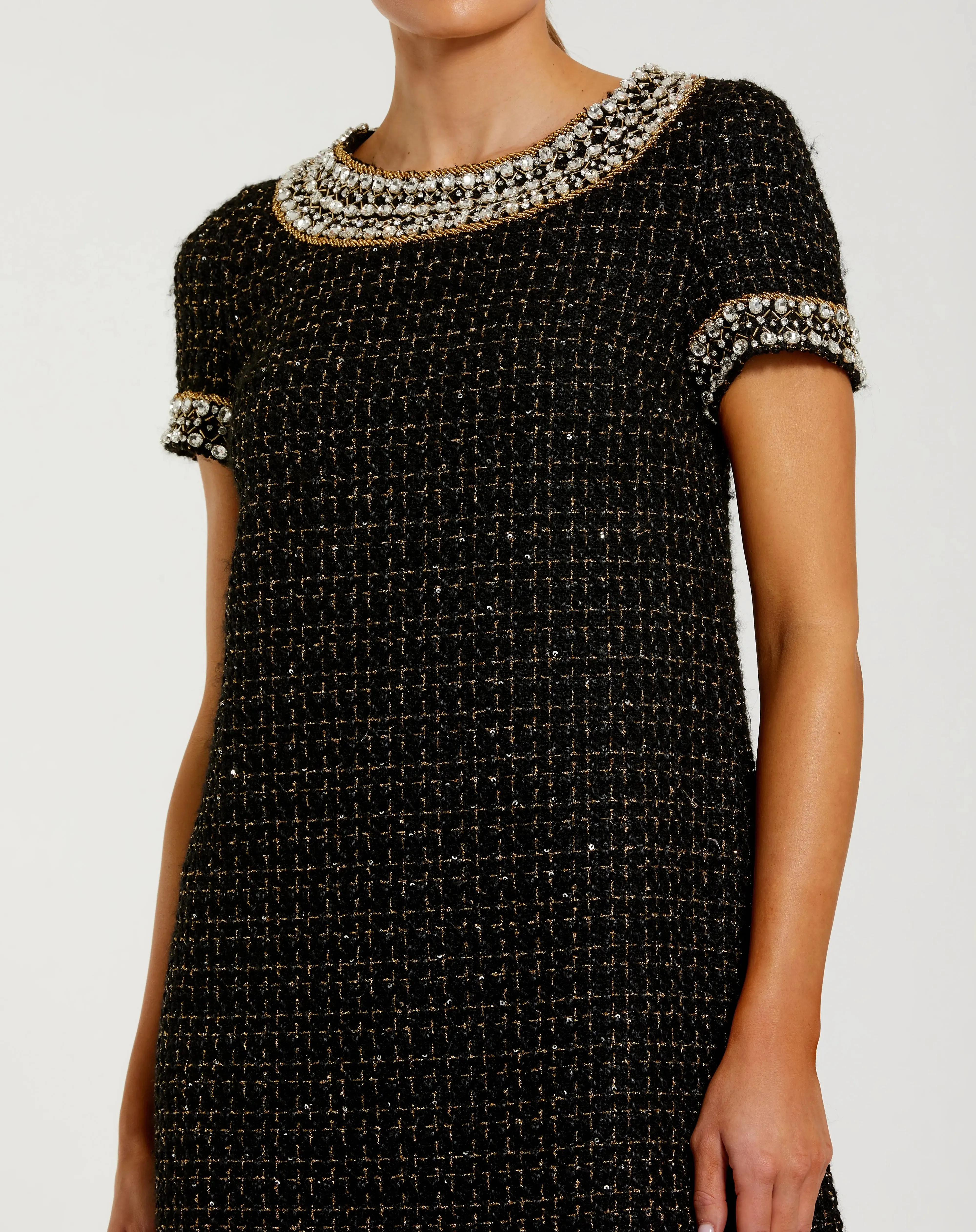 Black Short Sleeve Embellished Boucle Mini Dress sold by Mac Duggal product image thumbnail 2