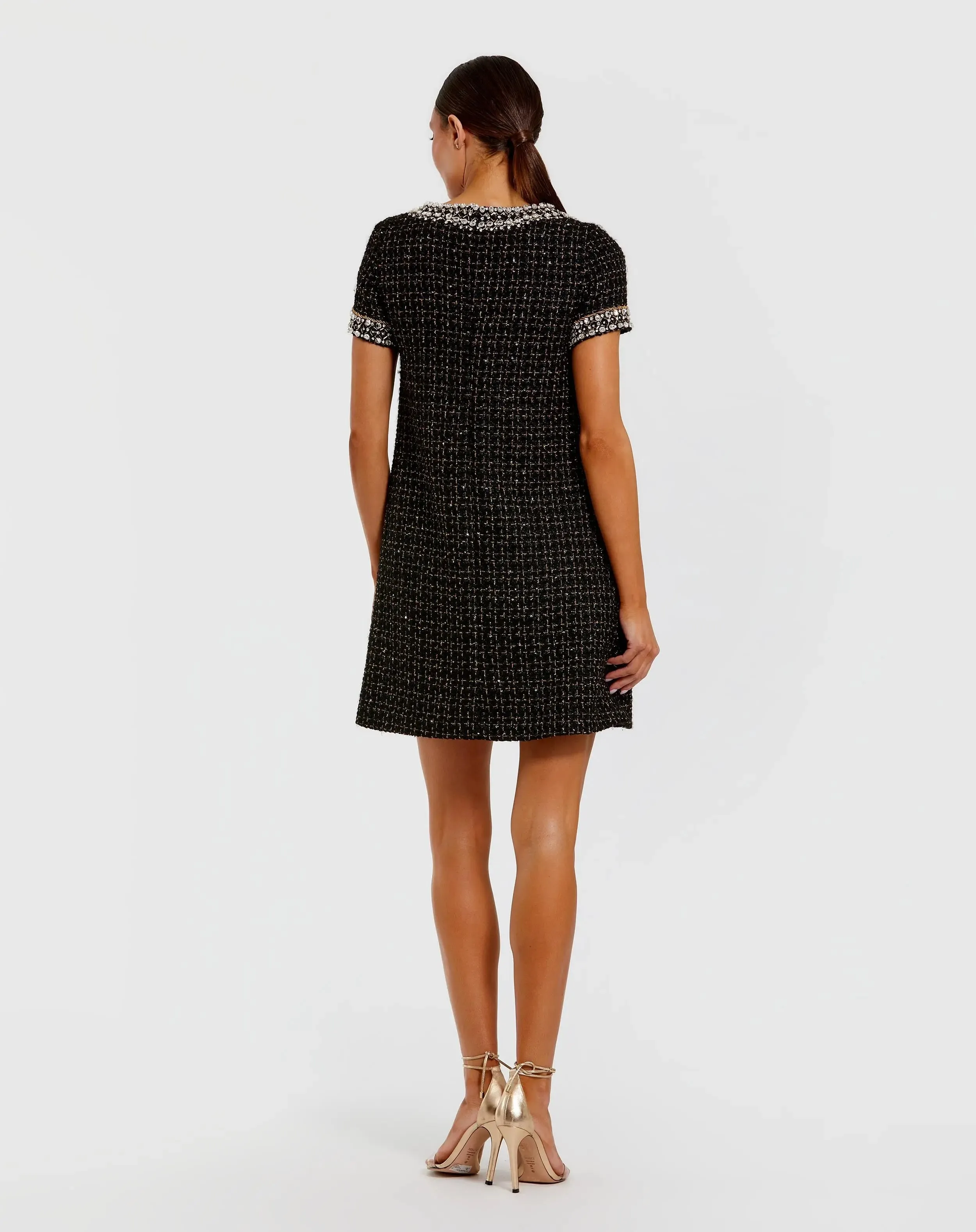 Black Short Sleeve Embellished Boucle Mini Dress sold by Mac Duggal product image thumbnail 3