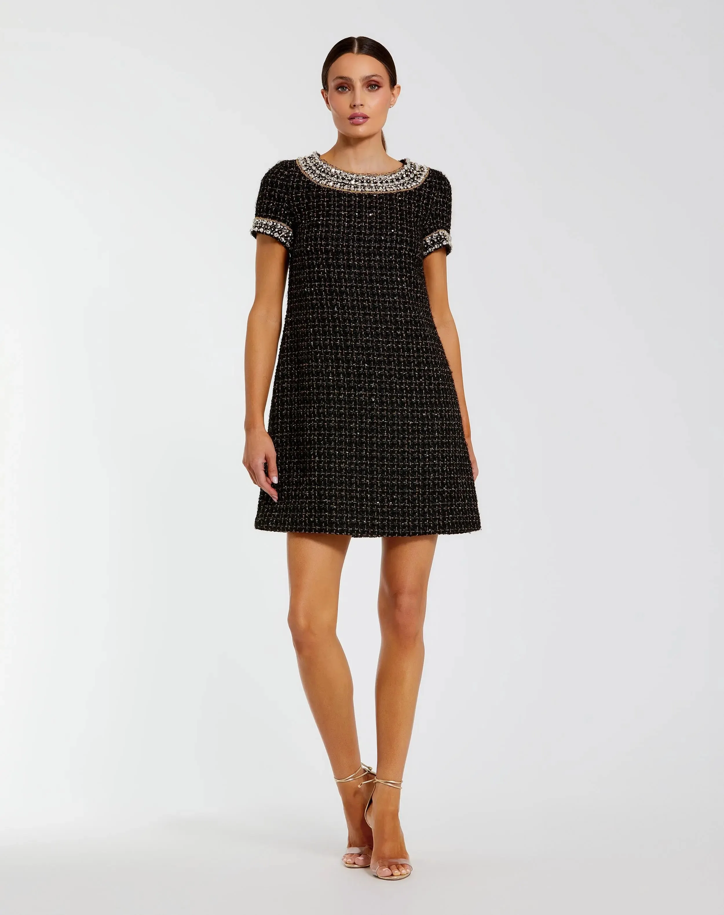 Black Short Sleeve Embellished Boucle Mini Dress sold by Mac Duggal