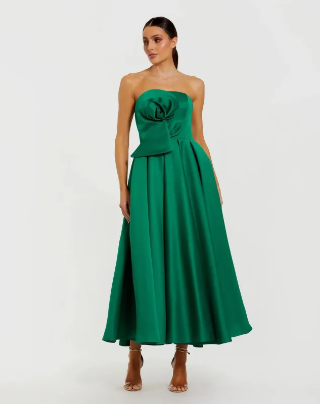 Green Strapless Satin A Line Midi Dress With 3D Flower sold by Mac Duggal