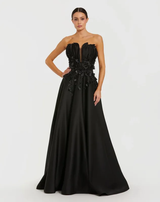 Black Strapless Satin Floral Embellished Ball Gown sold by Mac Duggal