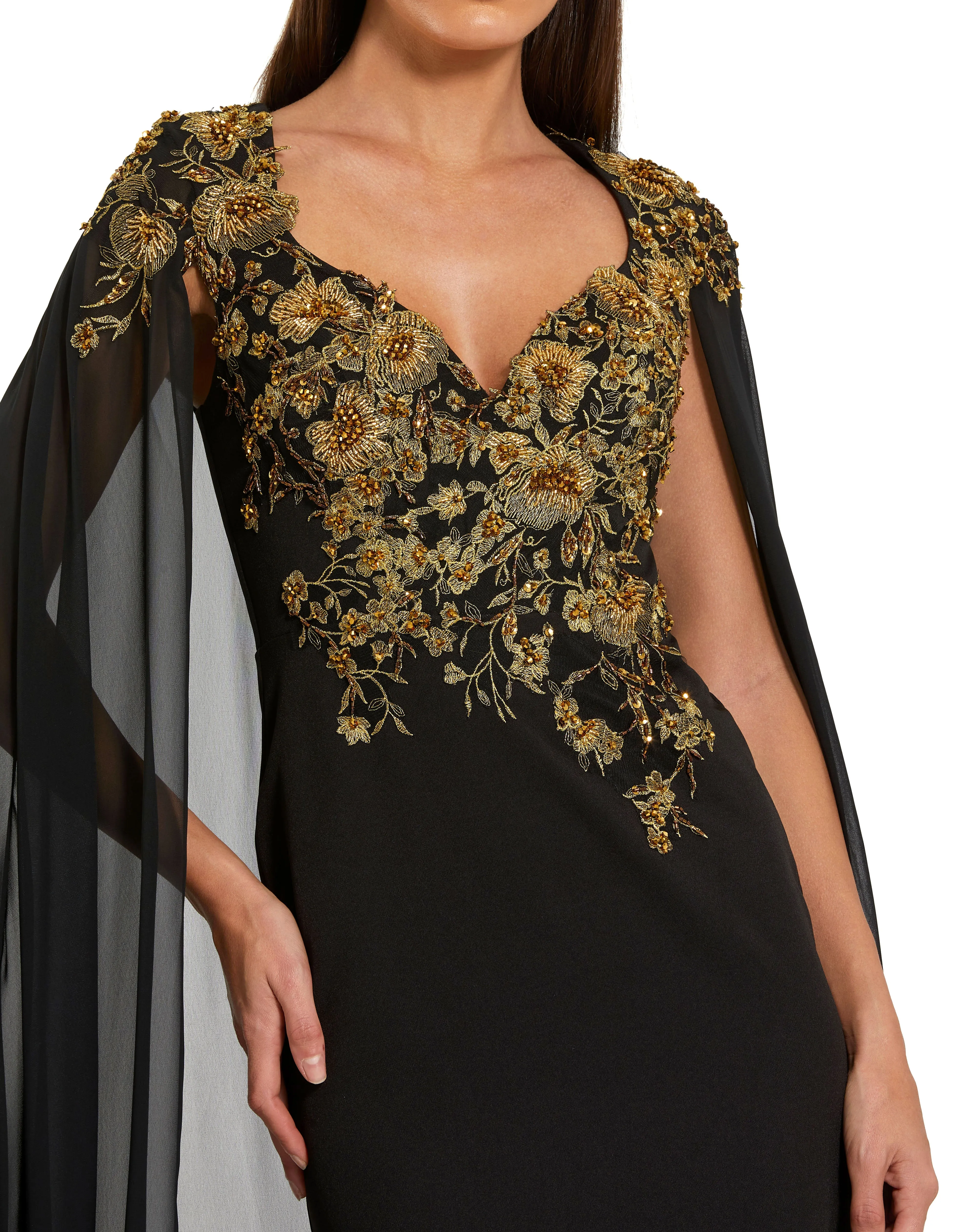 Black and Gold Embellished Column Gown with Chiffon Cape Sleeves sold by Mac Duggal product image thumbnail 2