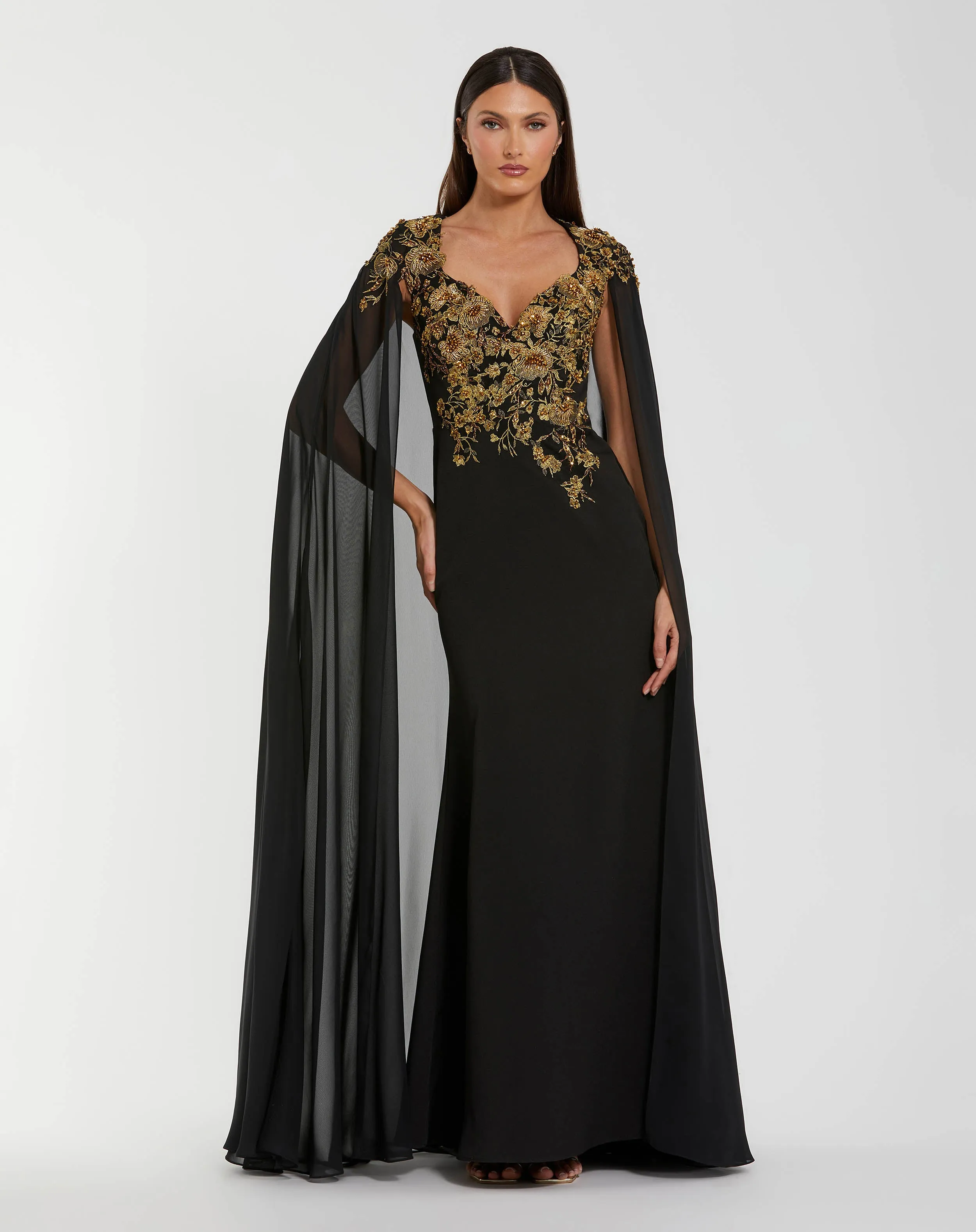 Black and Gold Embellished Column Gown with Chiffon Cape Sleeves sold by Mac Duggal