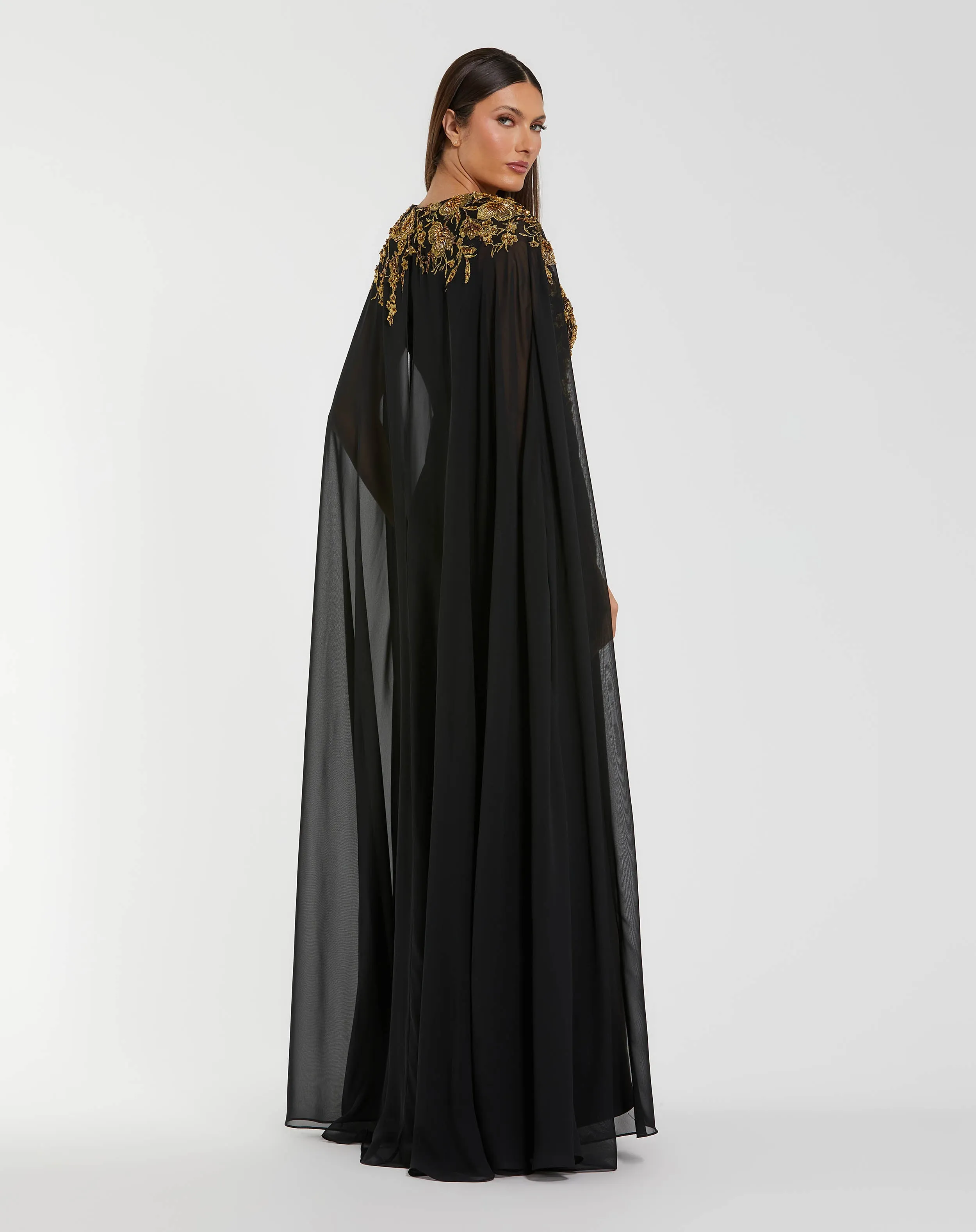 Black and Gold Embellished Column Gown with Chiffon Cape Sleeves sold by Mac Duggal product image thumbnail 3