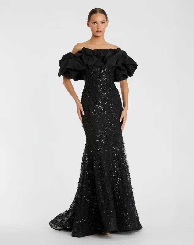 Black Beaded Mermaid Gown With Off The Shoulder Ruffle sold by Mac Duggal