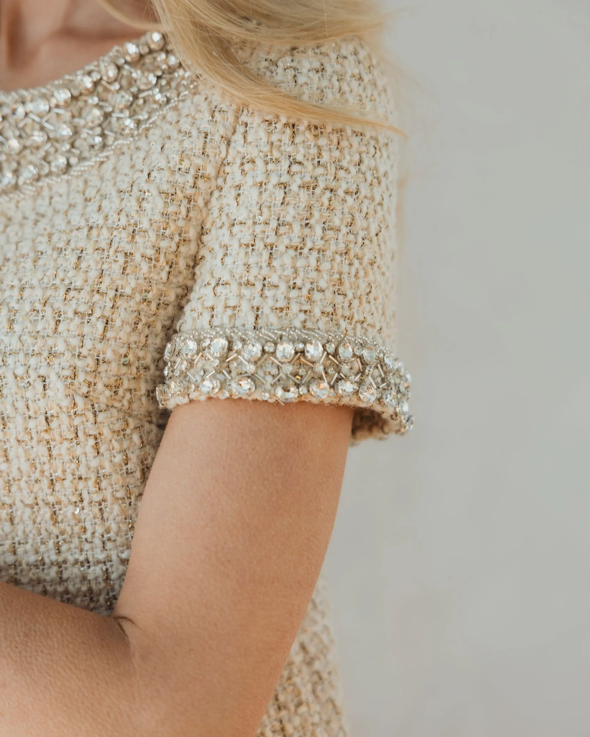 Ivory Short Sleeve Embellished Boucle Mini Dress sold by Mac Duggal product image thumbnail 5