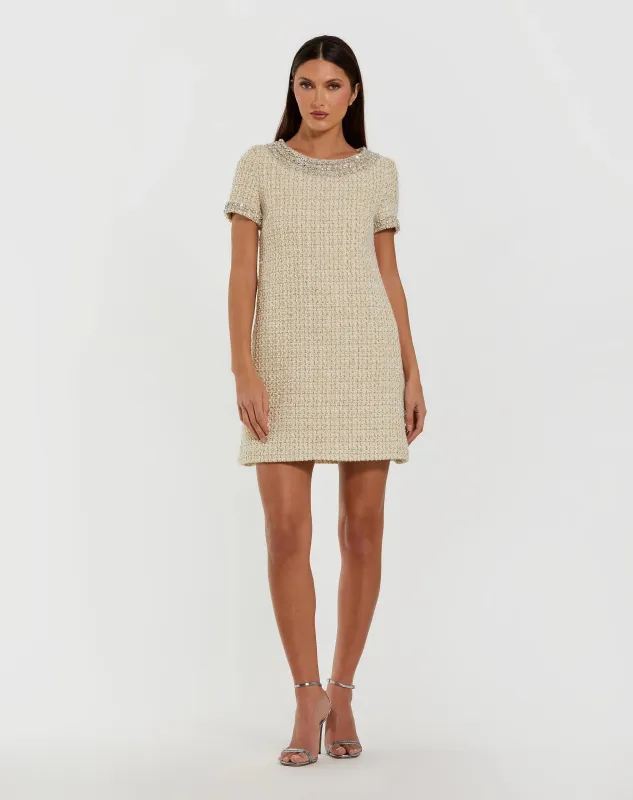 Ivory Short Sleeve Embellished Boucle Mini Dress sold by Mac Duggal