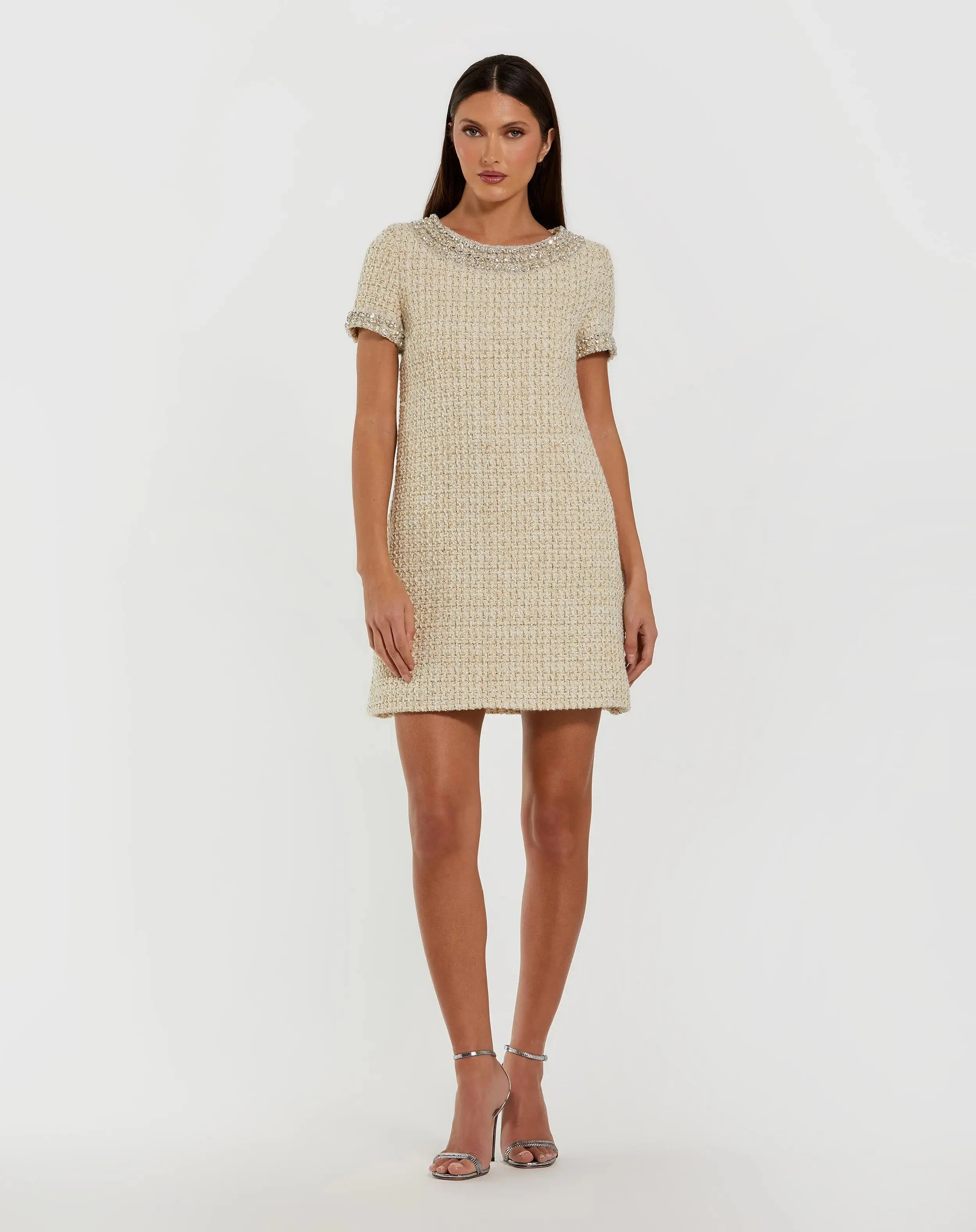Ivory Short Sleeve Embellished Boucle Mini Dress sold by Mac Duggal