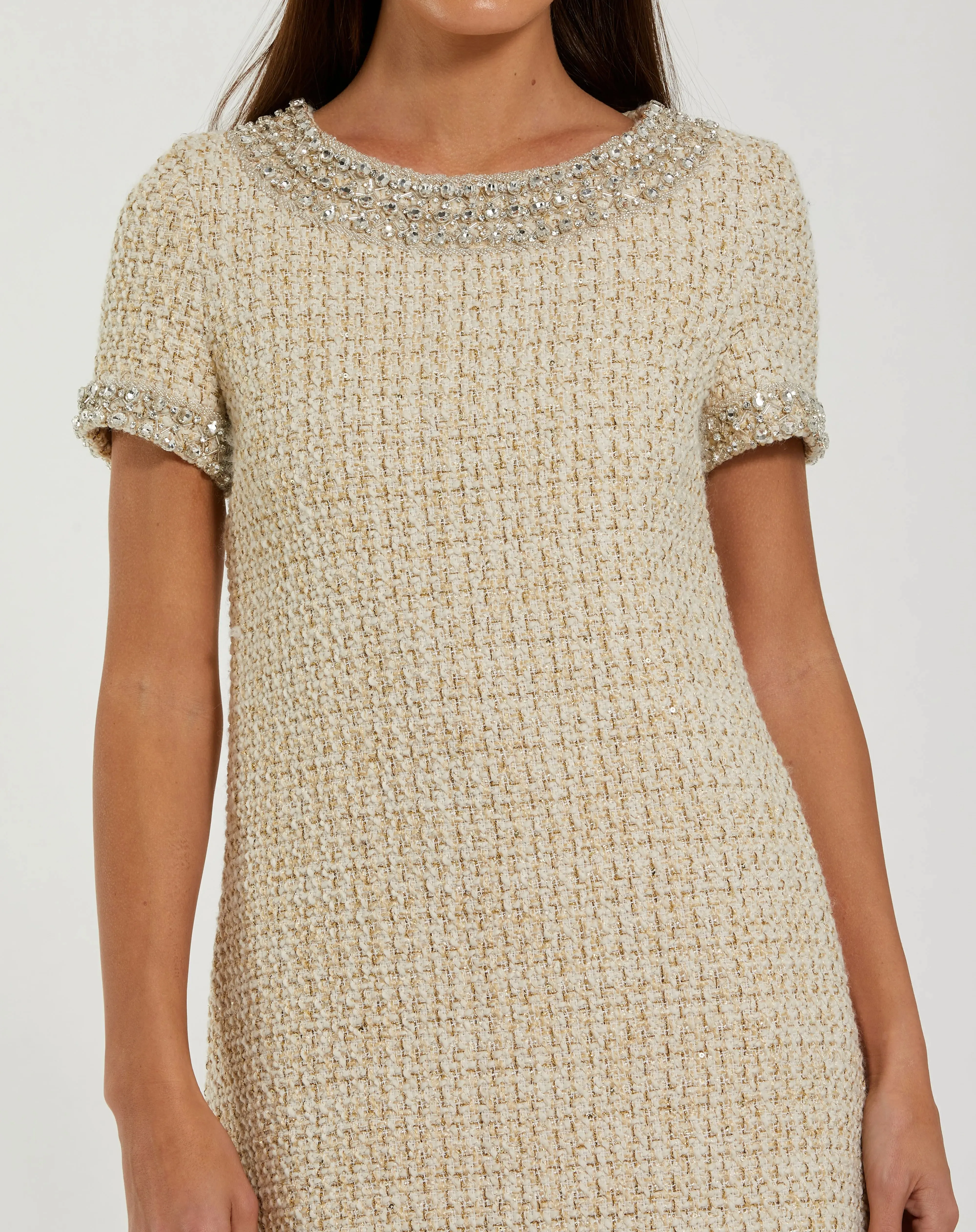 Ivory Short Sleeve Embellished Boucle Mini Dress sold by Mac Duggal product image thumbnail 2