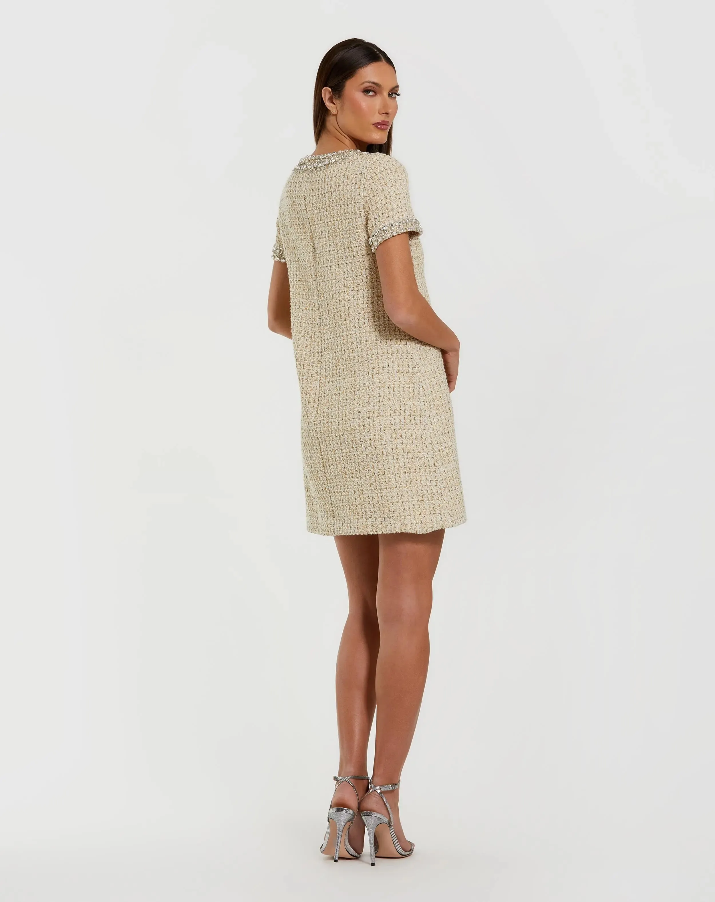 Ivory Short Sleeve Embellished Boucle Mini Dress sold by Mac Duggal product image thumbnail 3