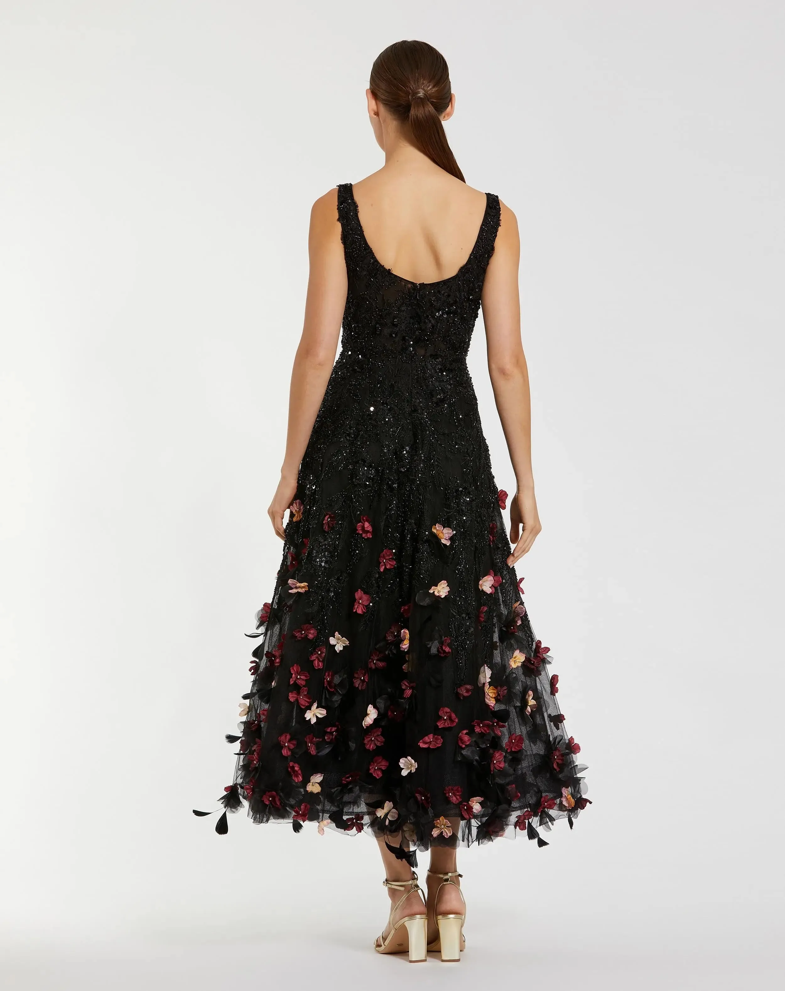 Black Sleeveless Beaded Midi Dress With 3D Flowers sold by Mac Duggal product image thumbnail 3