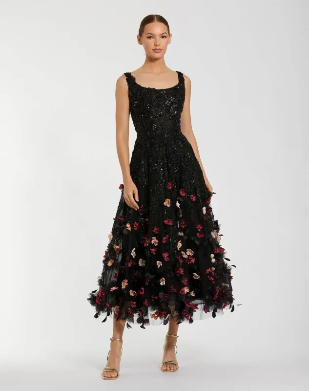 Black Sleeveless Beaded Midi Dress With 3D Flowers sold by Mac Duggal