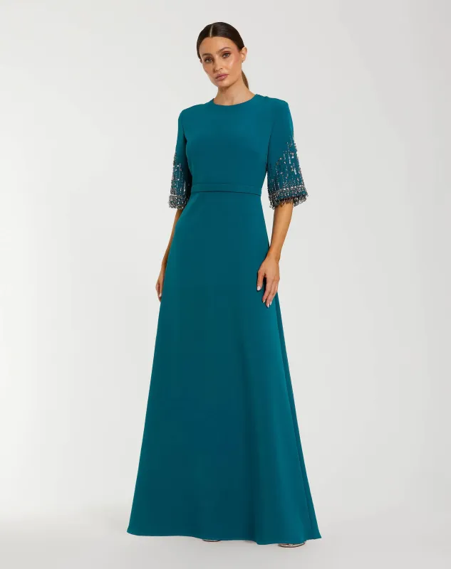 Blue Crepe A Line Gown with Beaded 3/4 Sleeves sold by Mac Duggal