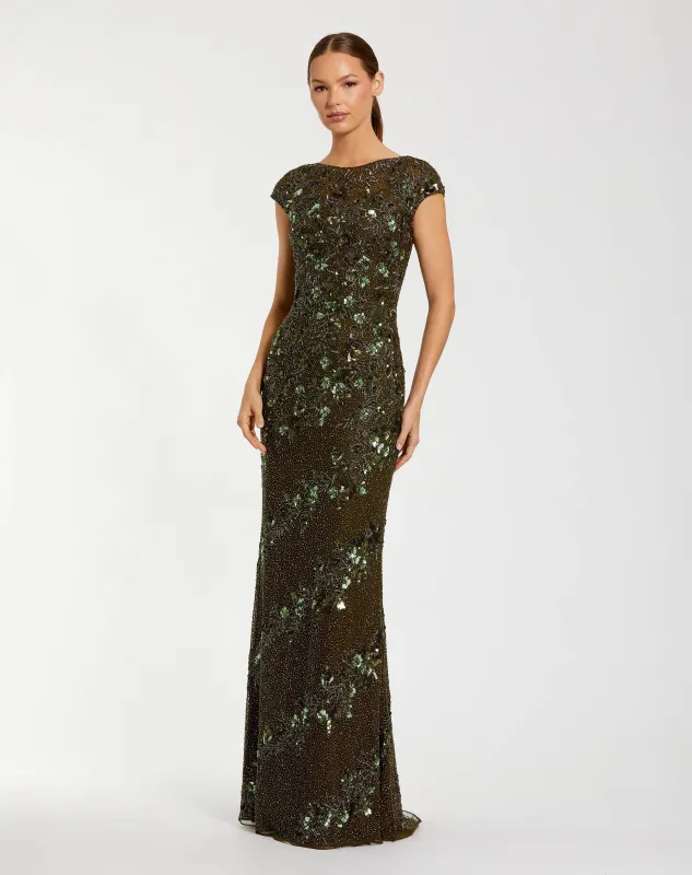 Green Floral Embellished Cap Sleeve Column Gown sold by Mac Duggal