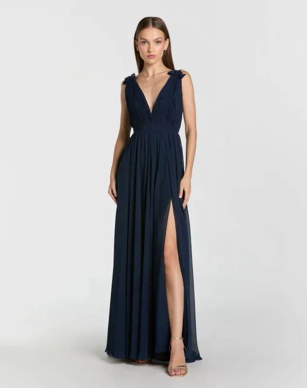 Navy Sleeveless Pleated Chiffon V-Neck Gown sold by Mac Duggal