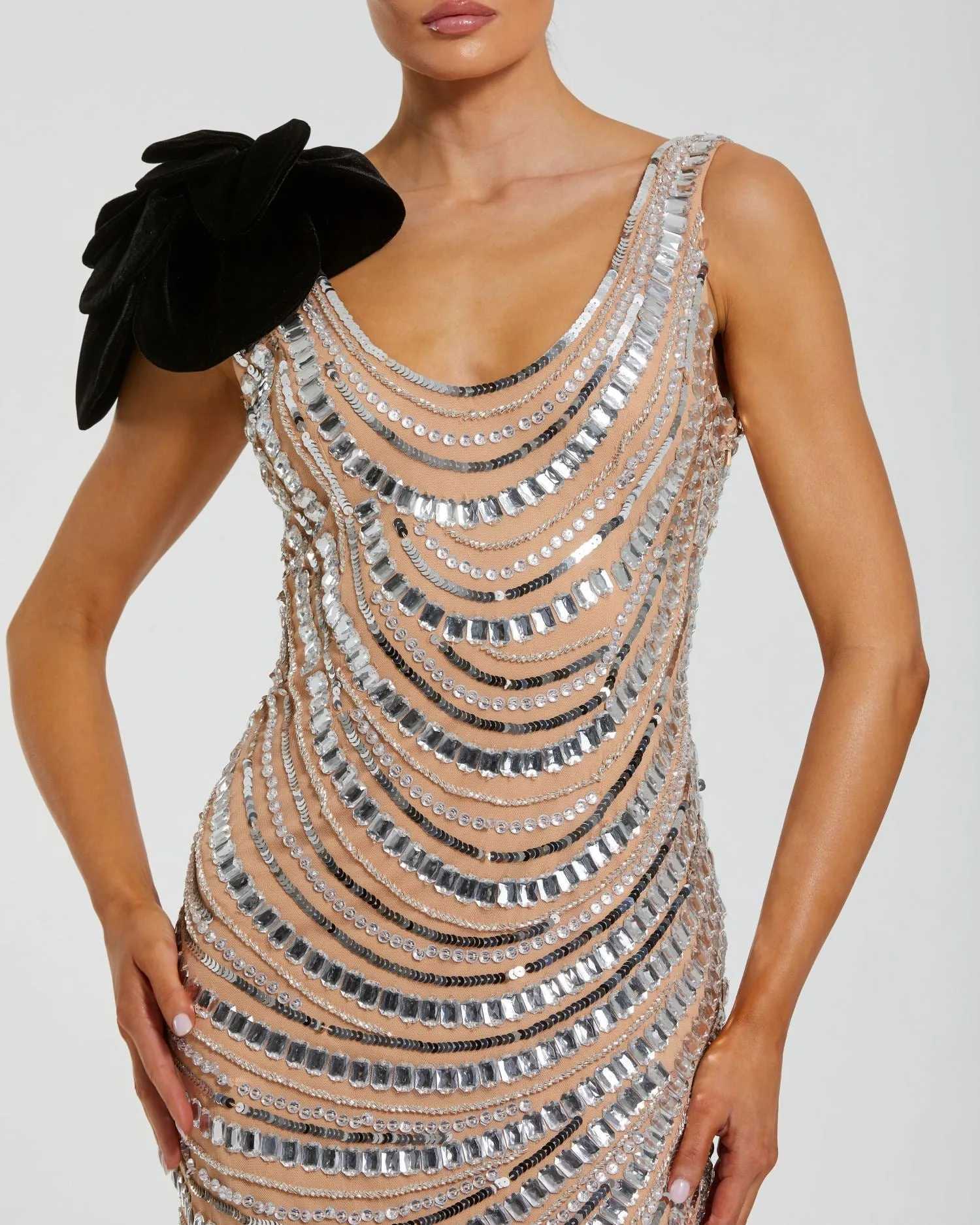 Silver Nude Sequin Cowl Midi Dress with Velvet Flower sold by Mac Duggal product image thumbnail 2