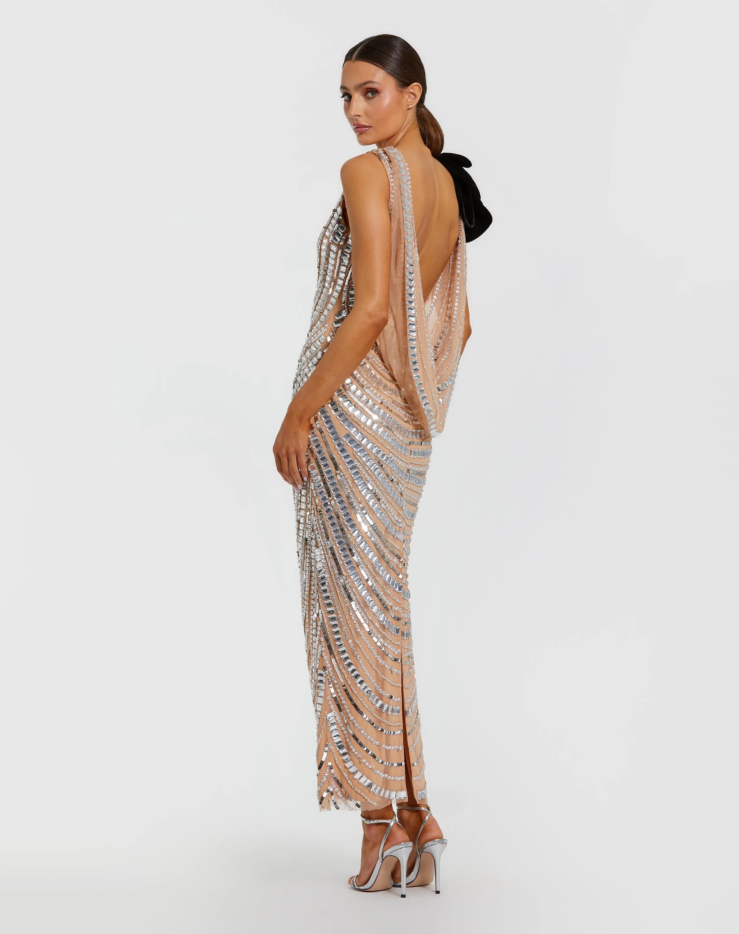 Silver Nude Sequin Cowl Midi Dress with Velvet Flower sold by Mac Duggal product image thumbnail 3
