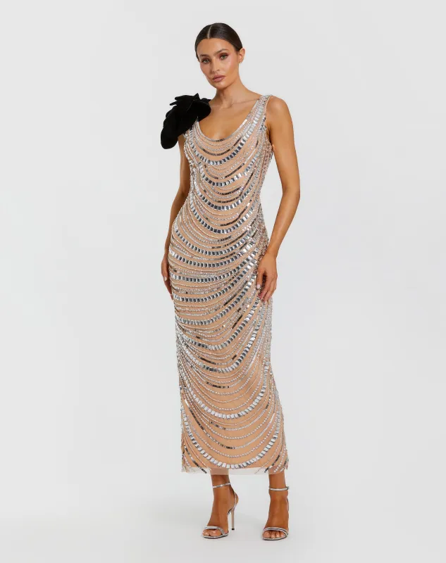 Silver Nude Sequin Cowl Midi Dress with Velvet Flower sold by Mac Duggal