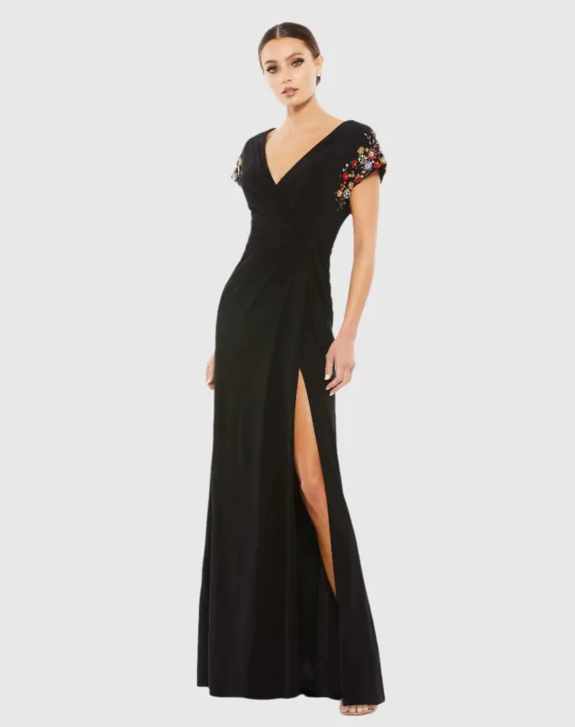 Black Embellished Sleeve Jersey Wrap Gown sold by Mac Duggal