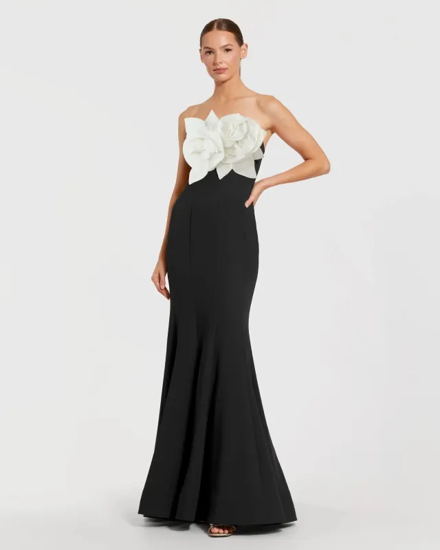 Strapless Crepe Mermaid Gown With 3D Flowers sold by Mac Duggal