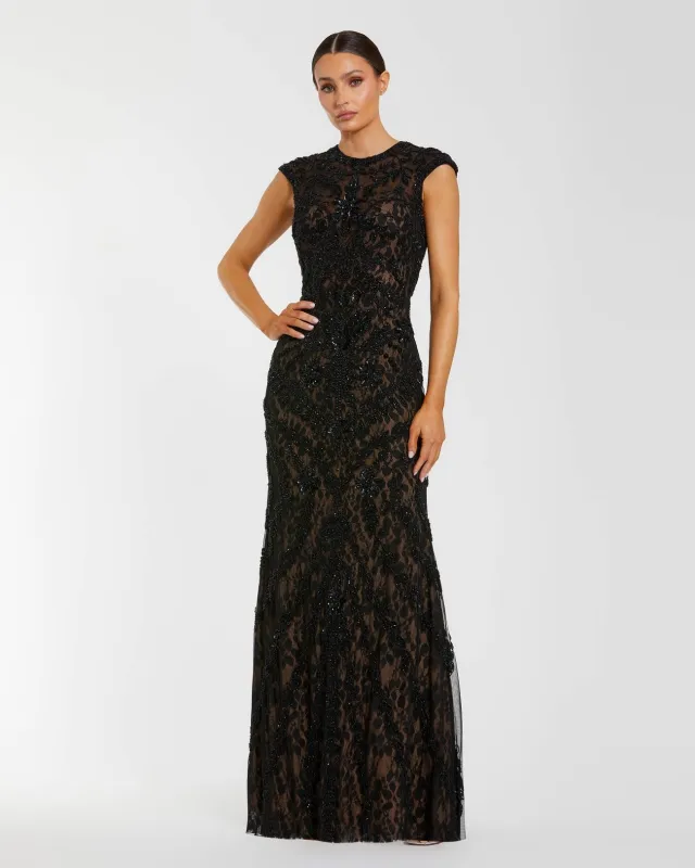 Black Embellished Lace Cap Sleeve Evening Gown sold by Mac Duggal