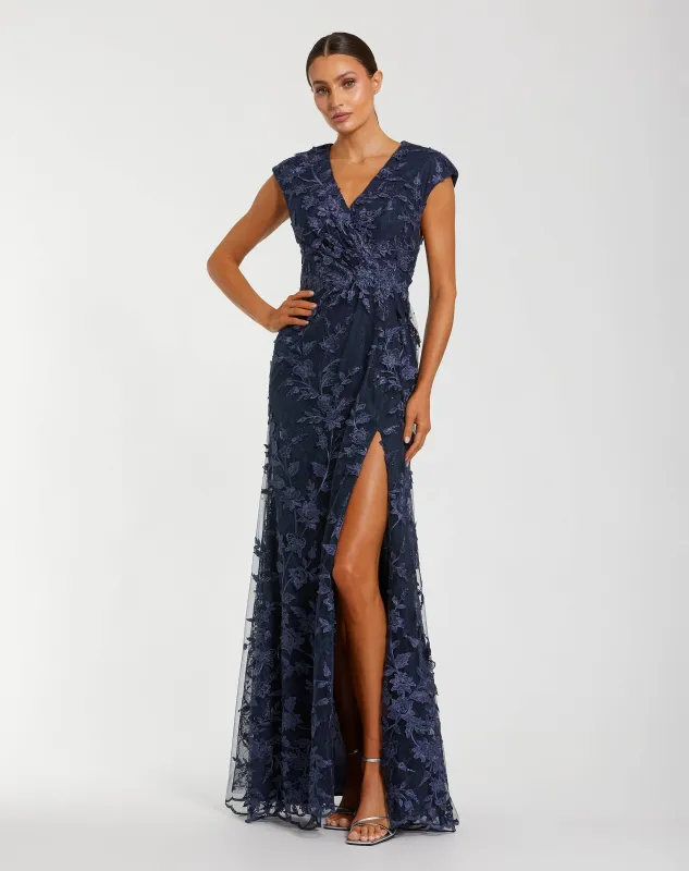 Navy Faux Wrap Embroidered Cap Sleeve Gown sold by Mac Duggal