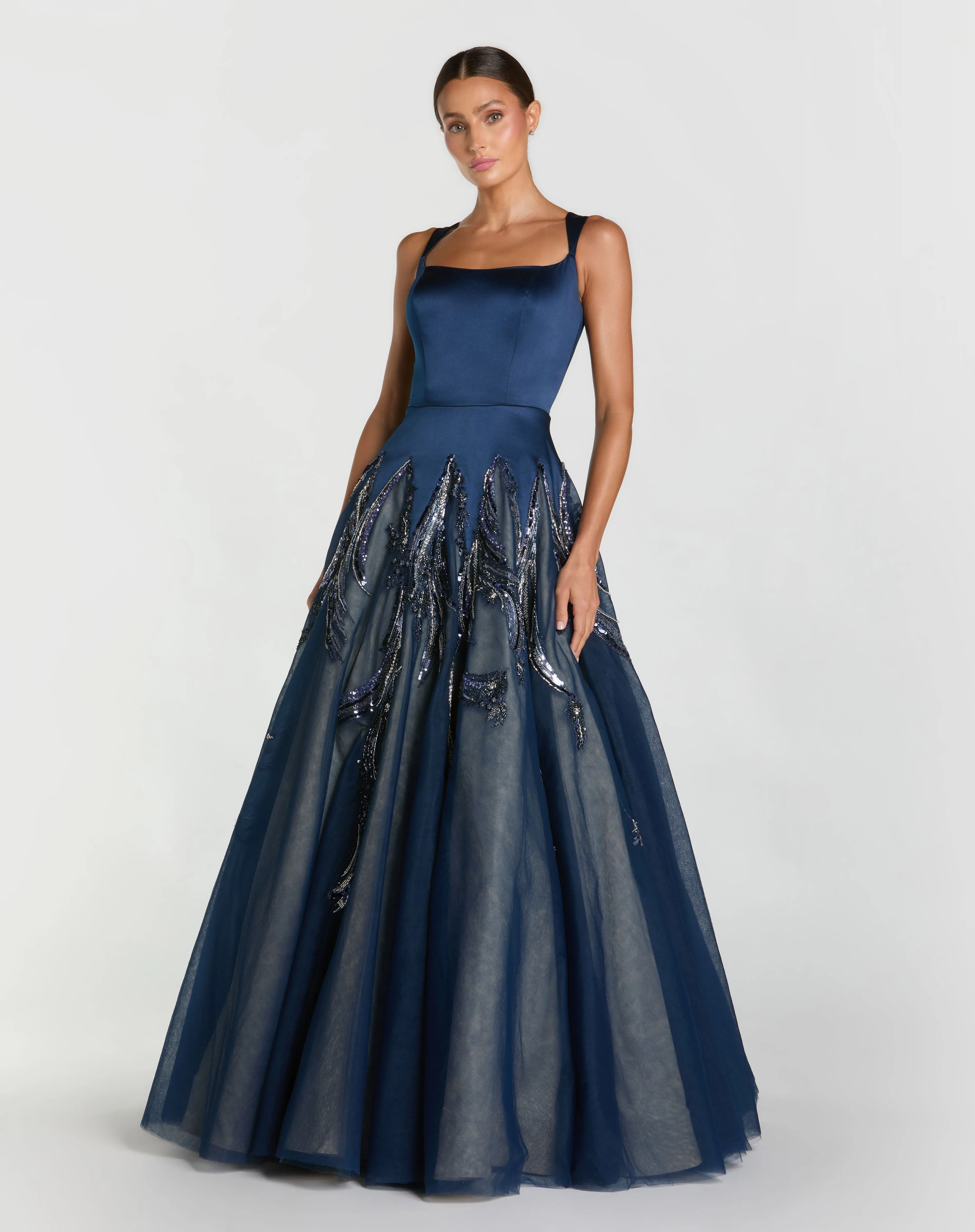 Navy Embellished Satin Ball Gown With Tulle Skirt sold by Mac Duggal