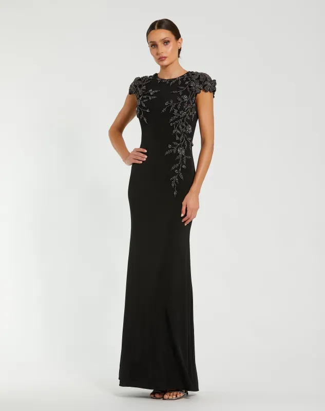 Black Cap Sleeve Jersey Column Gown With Beaded Flowers sold by Mac Duggal