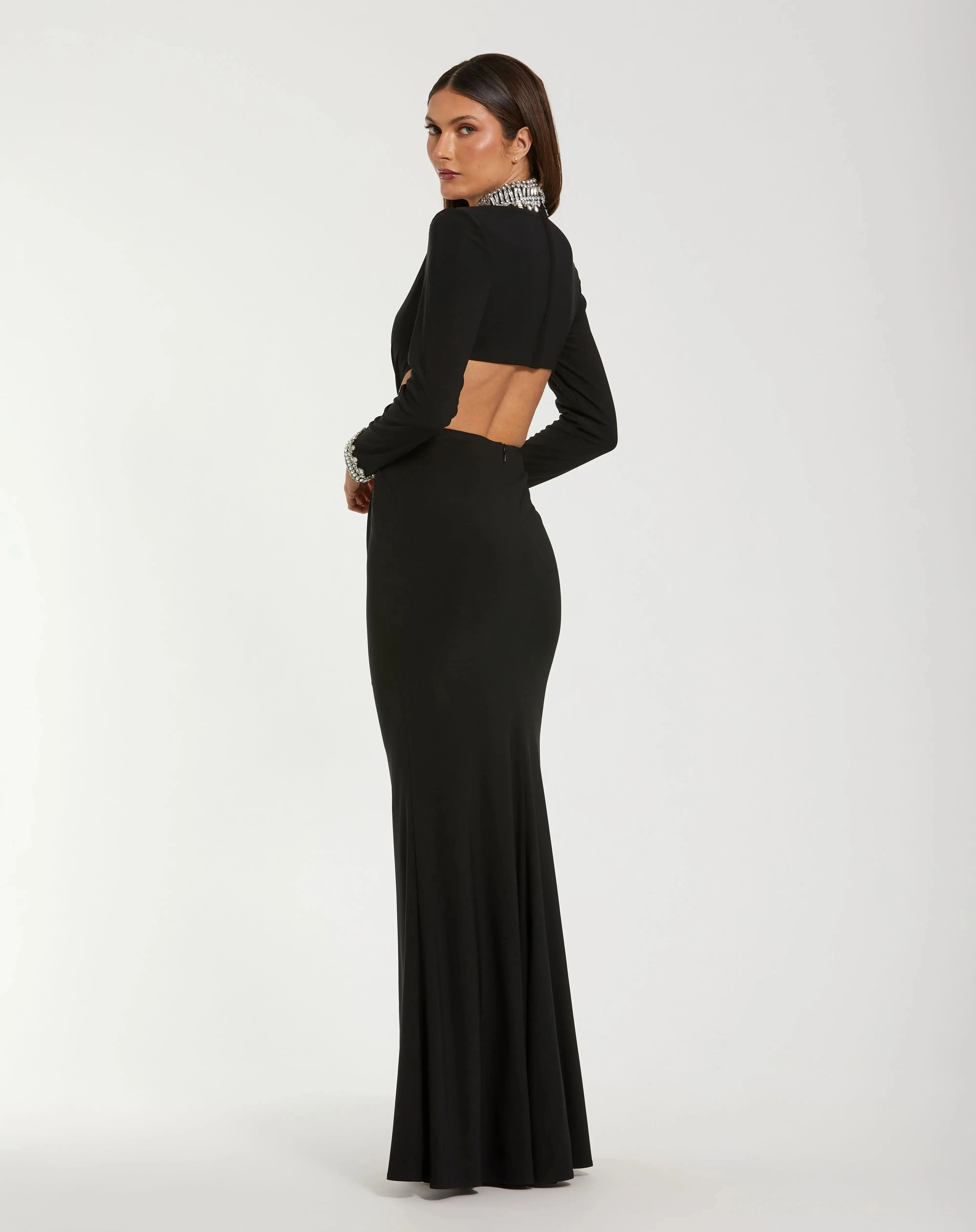 Black Embellished Jersey Long Sleeve Cut Out Evening Gown sold by Mac Duggal product image thumbnail 3
