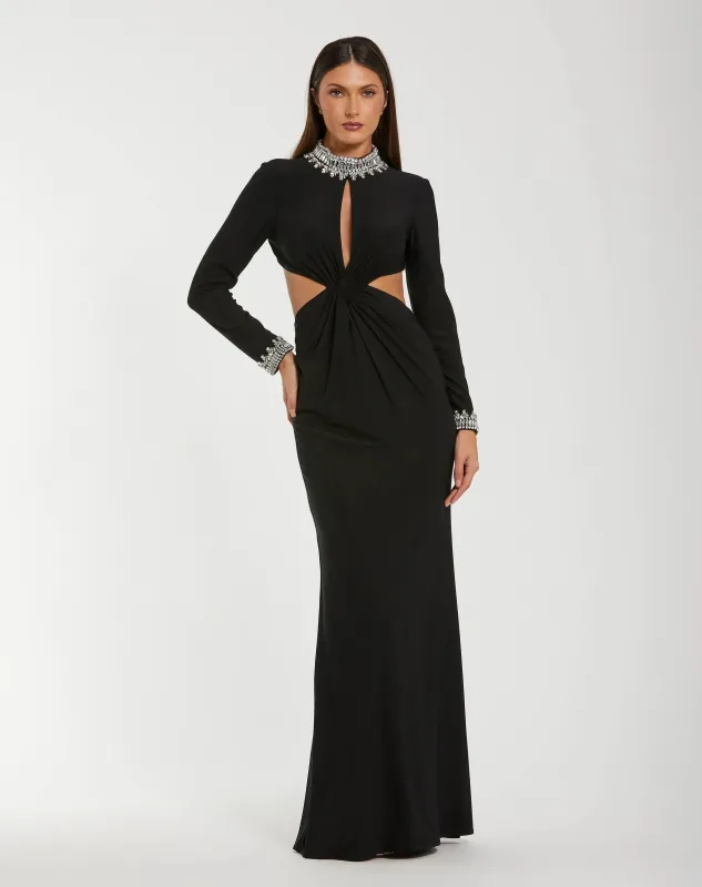 Black Embellished Jersey Long Sleeve Cut Out Evening Gown sold by Mac Duggal