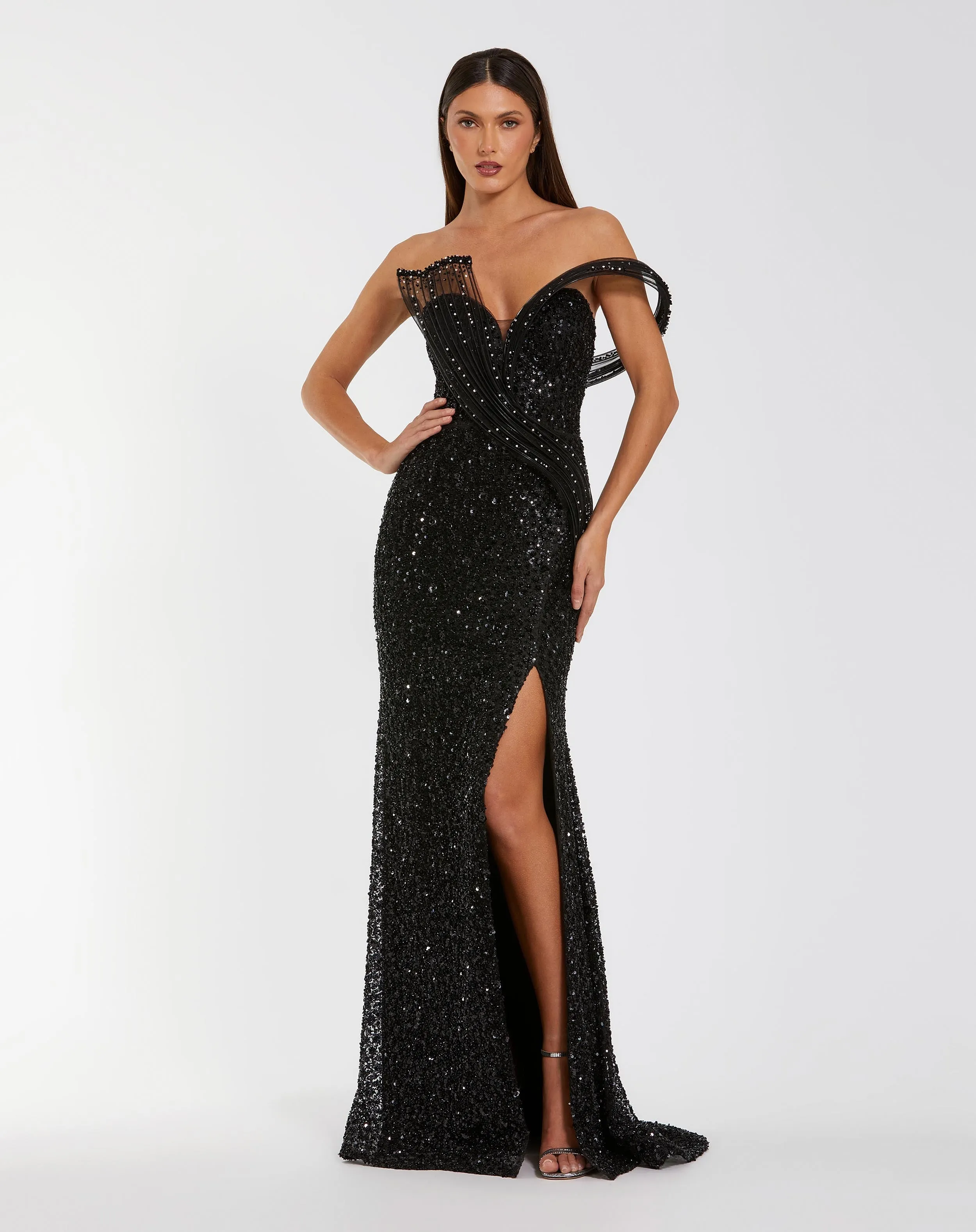 Black Embellished Strapless Gown With Sculptural Drape sold by Mac Duggal