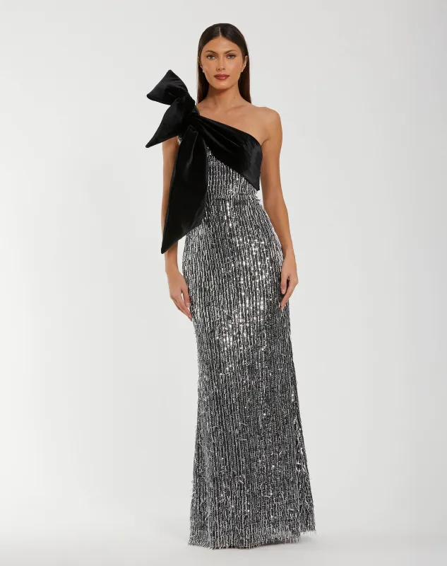 Black and Silver One Shoulder Embellished Gown With Velvet Bow sold by Mac Duggal