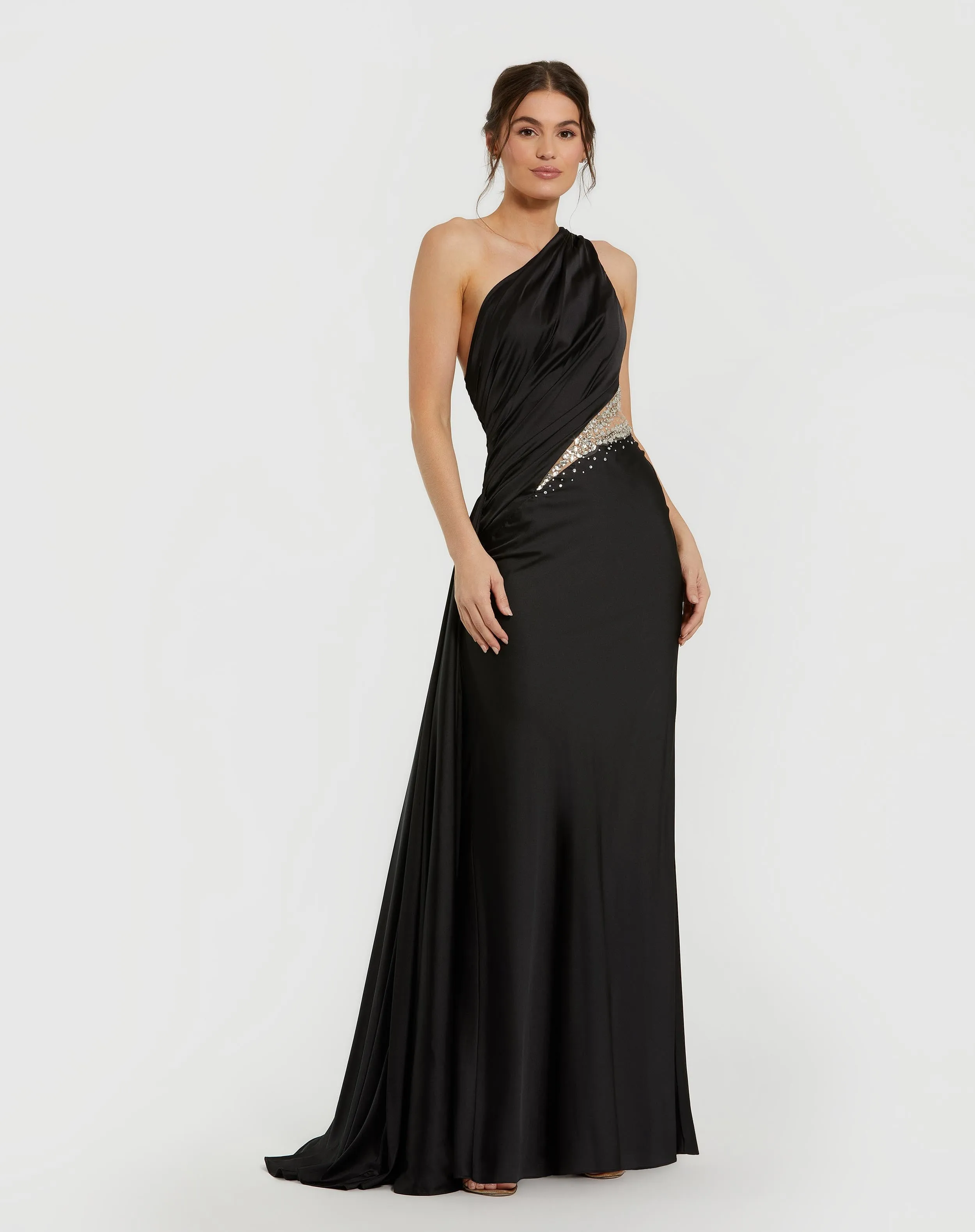 Black One Shoulder Charmeuse Gown With Beaded Cutout sold by Mac Duggal