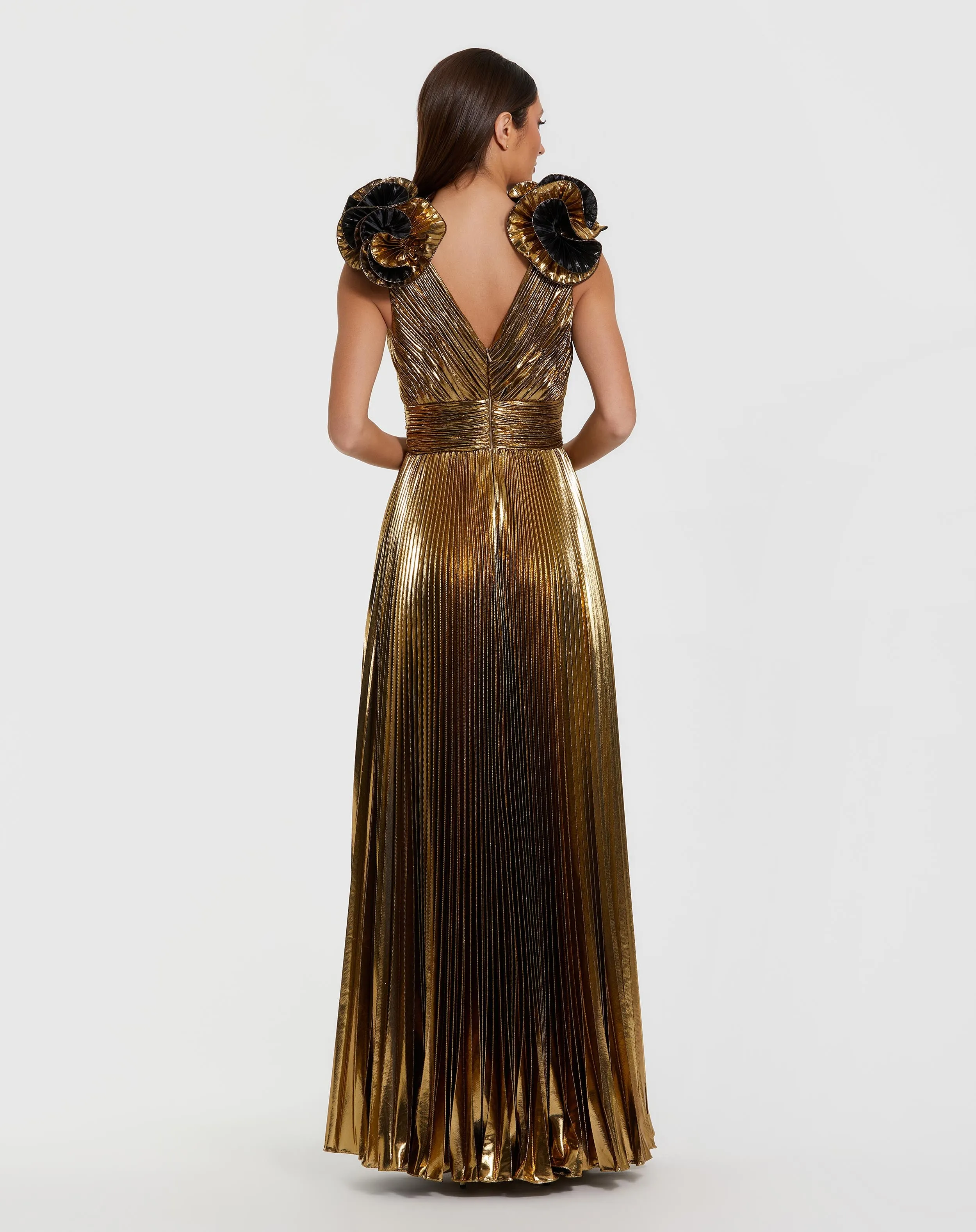 Gold Metallic Pleated Gown with Ruffle Shoulder Detail sold by Mac Duggal product image thumbnail 3