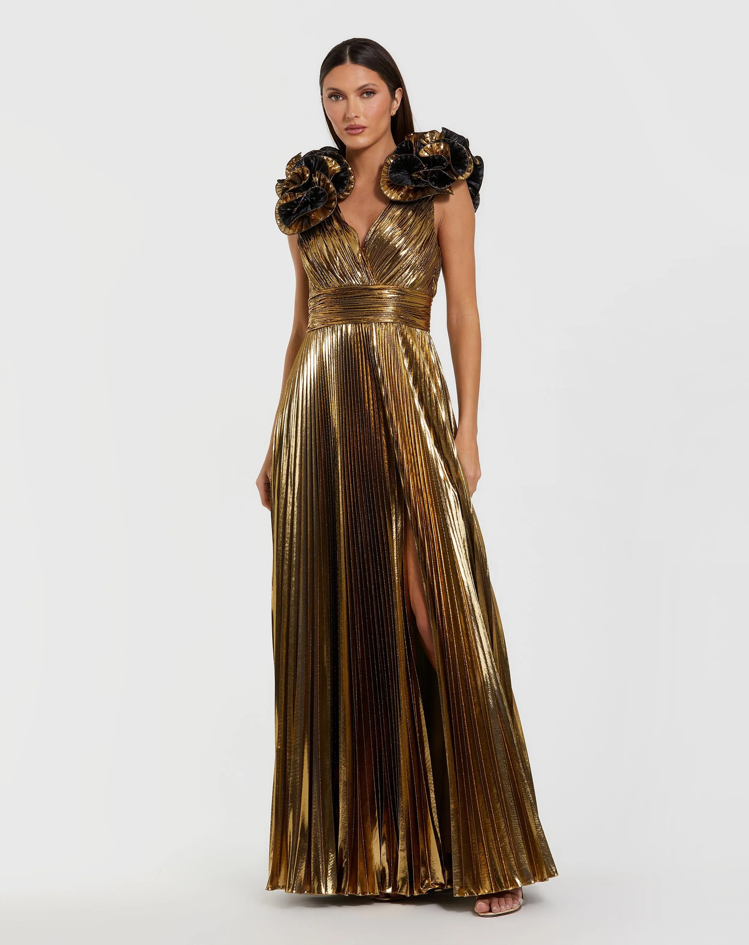 Gold Metallic Pleated Gown with Ruffle Shoulder Detail sold by Mac Duggal
