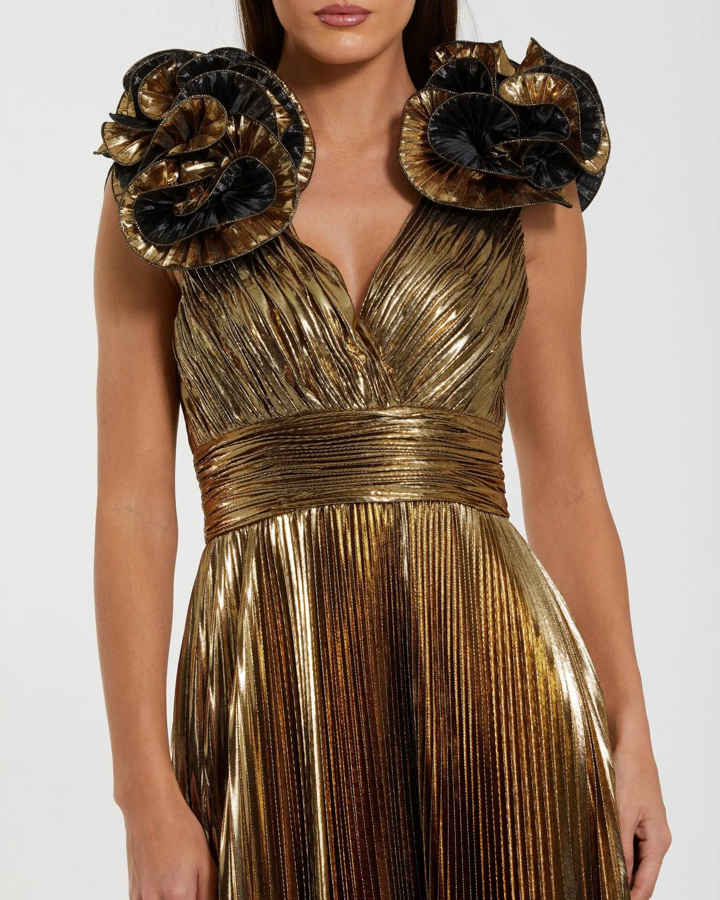 Gold Metallic Pleated Gown with Ruffle Shoulder Detail sold by Mac Duggal product image thumbnail 2