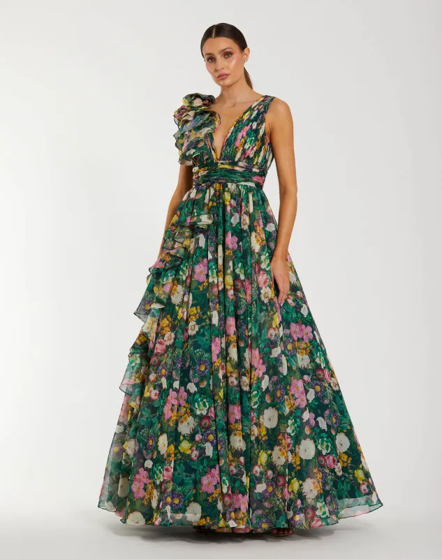Green Sleeveless V-Neck Floral Chiffon Ruffle Ball Gown sold by Mac Duggal