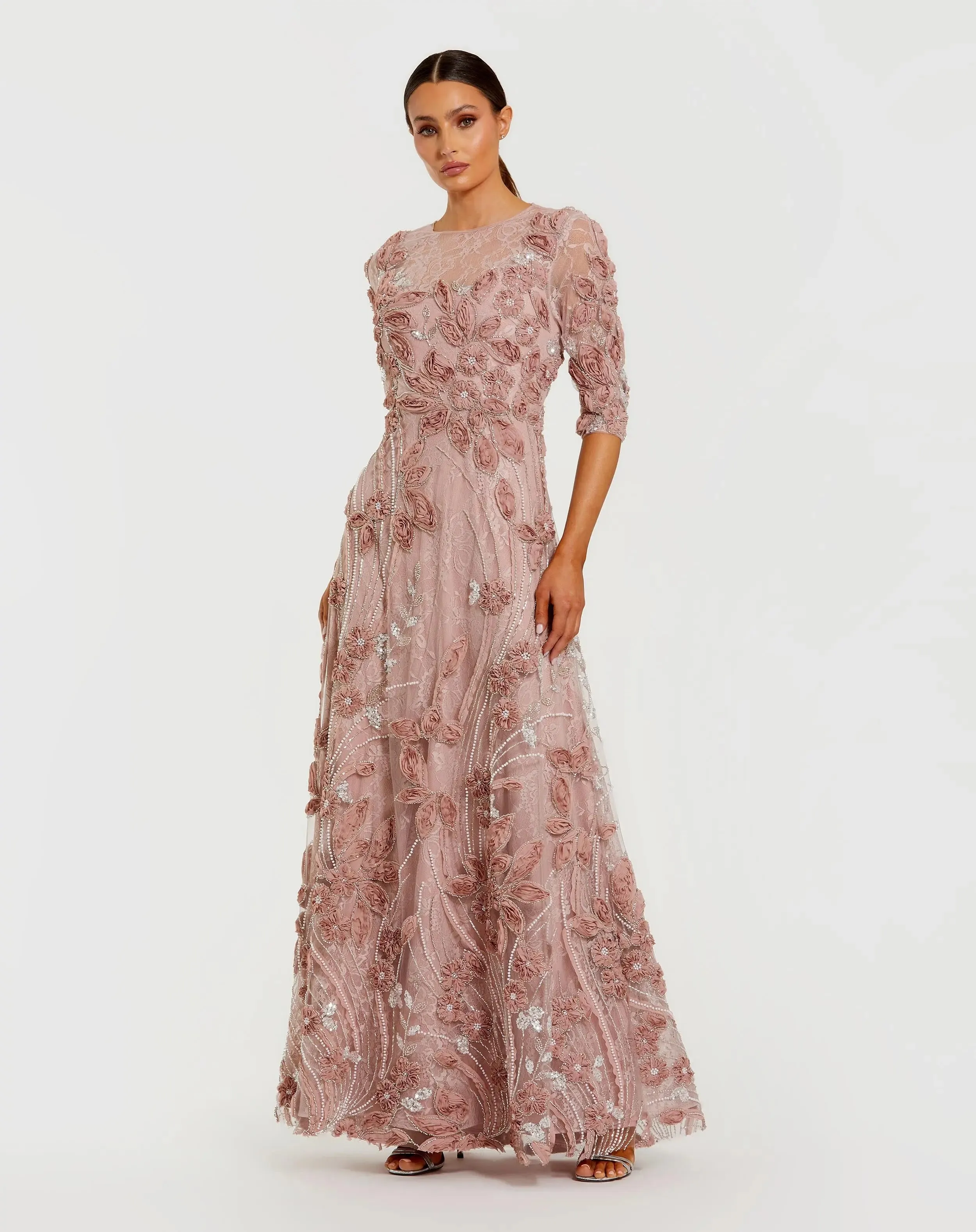 High Neck Embellished Lace Gown with 3/4 Sleeves sold by Mac Duggal