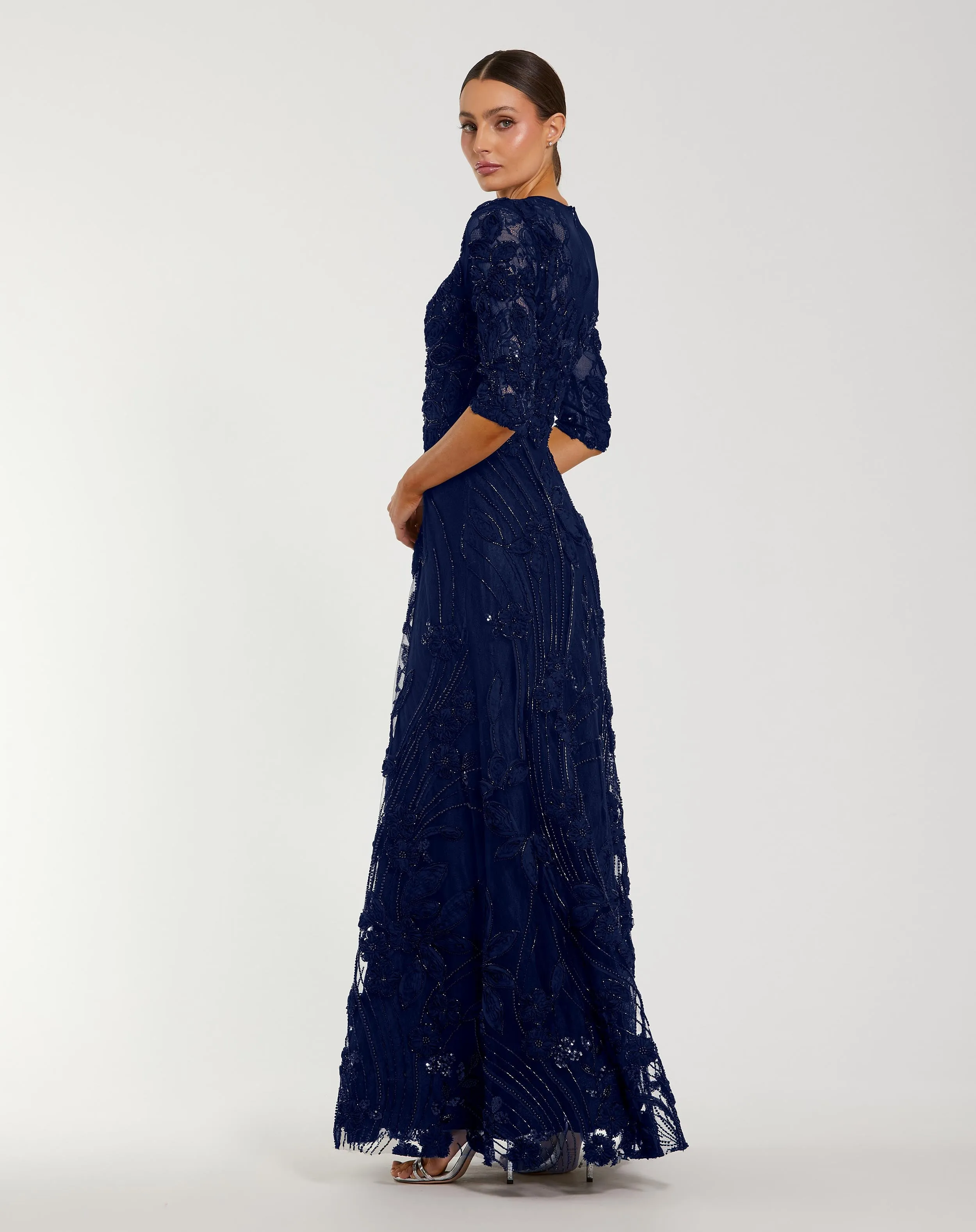 Navy High Neck Embellished Lace Gown with 3/4 Sleeves sold by Mac Duggal product image thumbnail 3