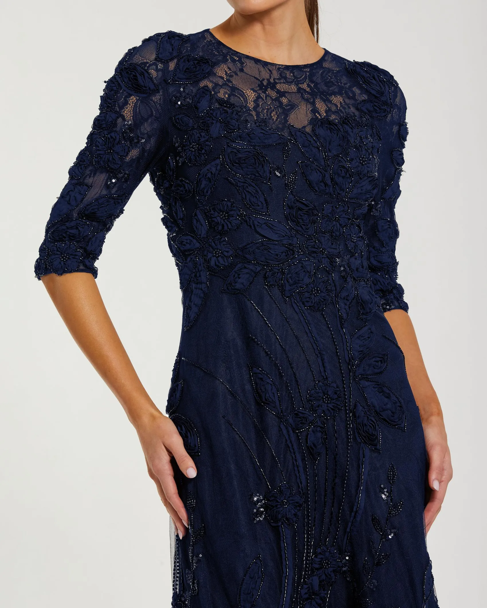 Navy High Neck Embellished Lace Gown with 3/4 Sleeves sold by Mac Duggal product image thumbnail 2