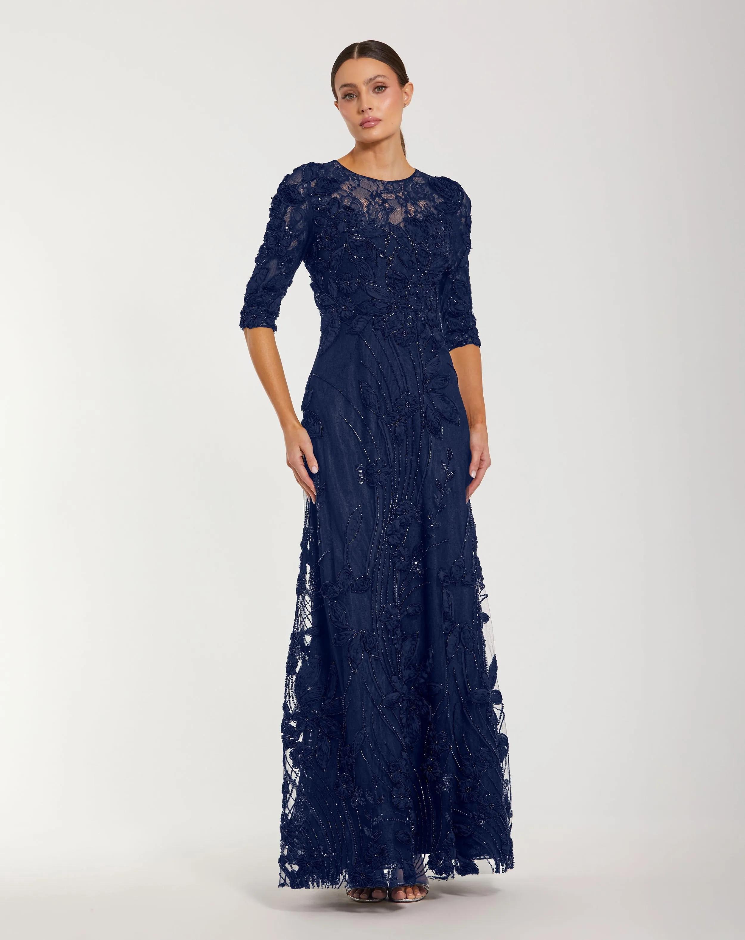 Navy High Neck Embellished Lace Gown with 3/4 Sleeves sold by Mac Duggal