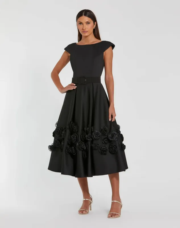 Black Satin Cap Sleeve A Line Midi Dress With 3D Flowers sold by Mac Duggal