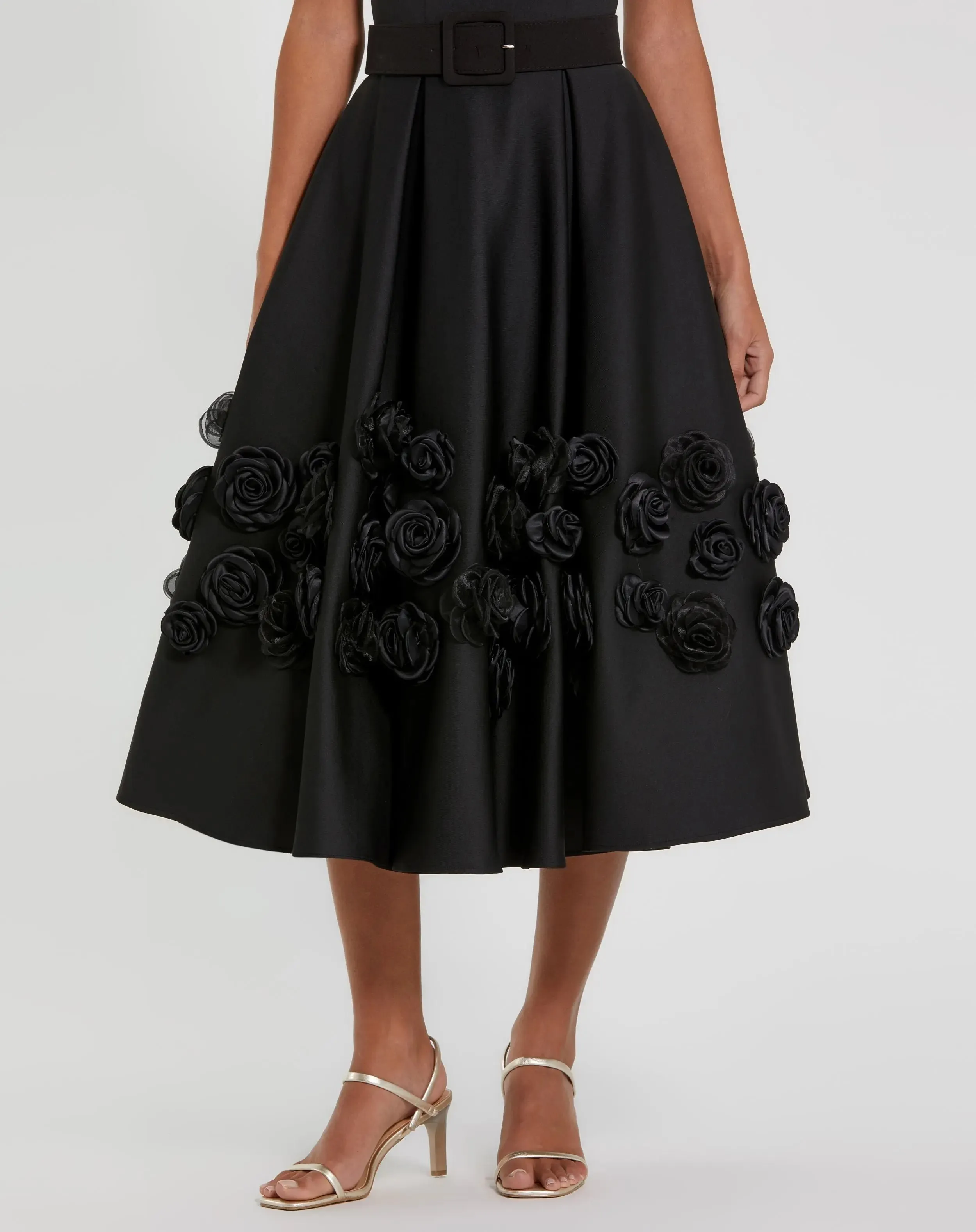 Black Satin Cap Sleeve A Line Midi Dress With 3D Flowers sold by Mac Duggal product image thumbnail 2