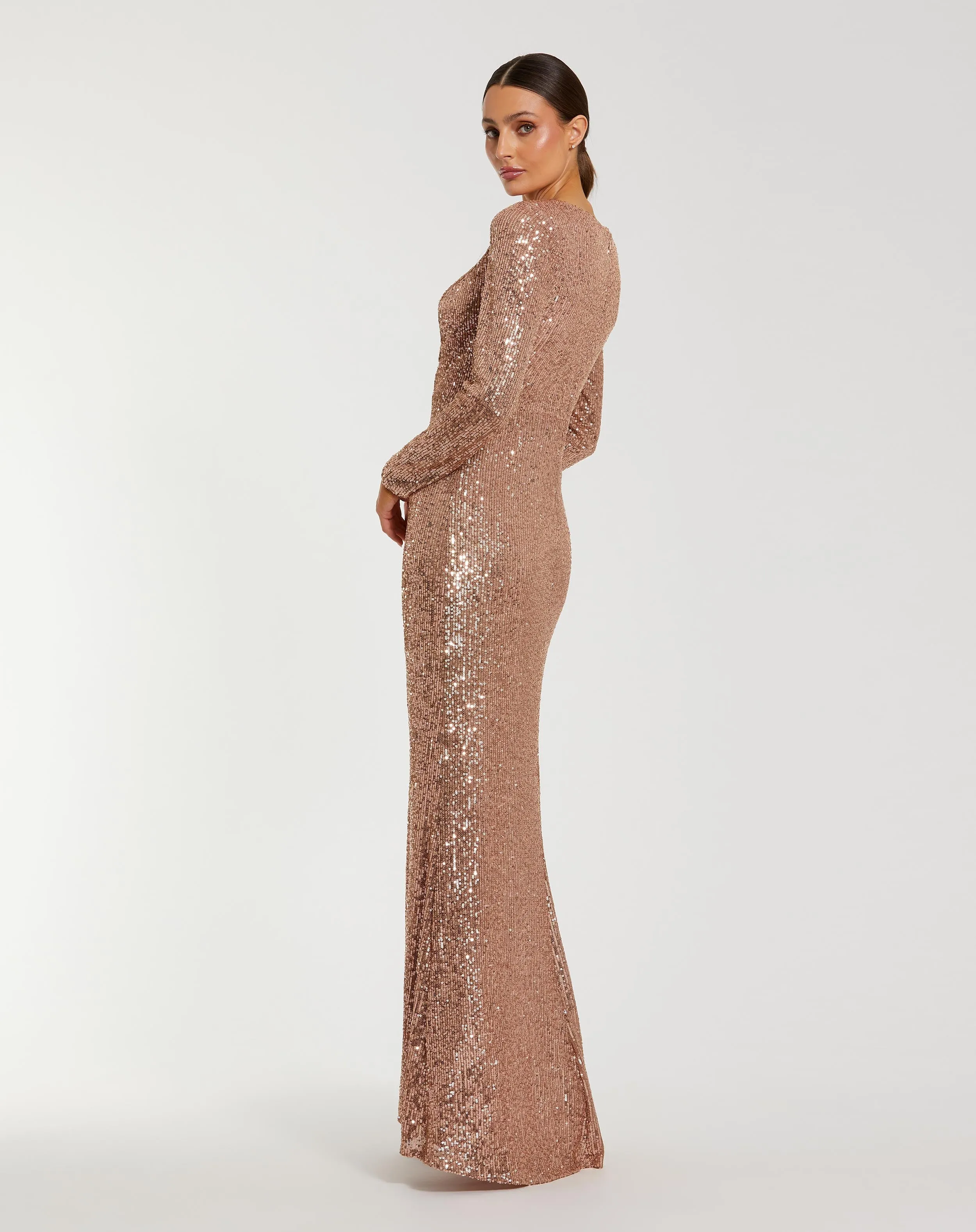 Light Pink Long Sleeve V Neck Sequin Gown With 3D Flower sold by Mac Duggal product image thumbnail 3