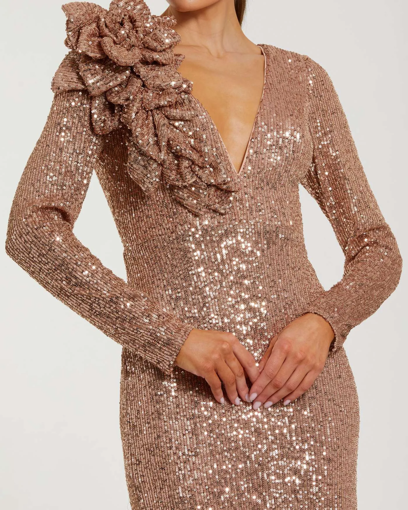 Light Pink Long Sleeve V Neck Sequin Gown With 3D Flower sold by Mac Duggal product image thumbnail 2