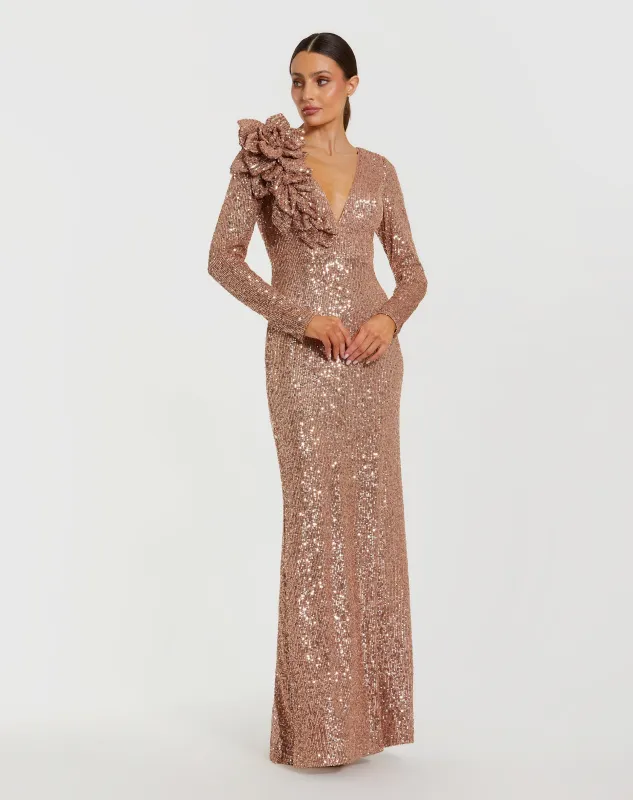 Light Pink Long Sleeve V Neck Sequin Gown With 3D Flower sold by Mac Duggal