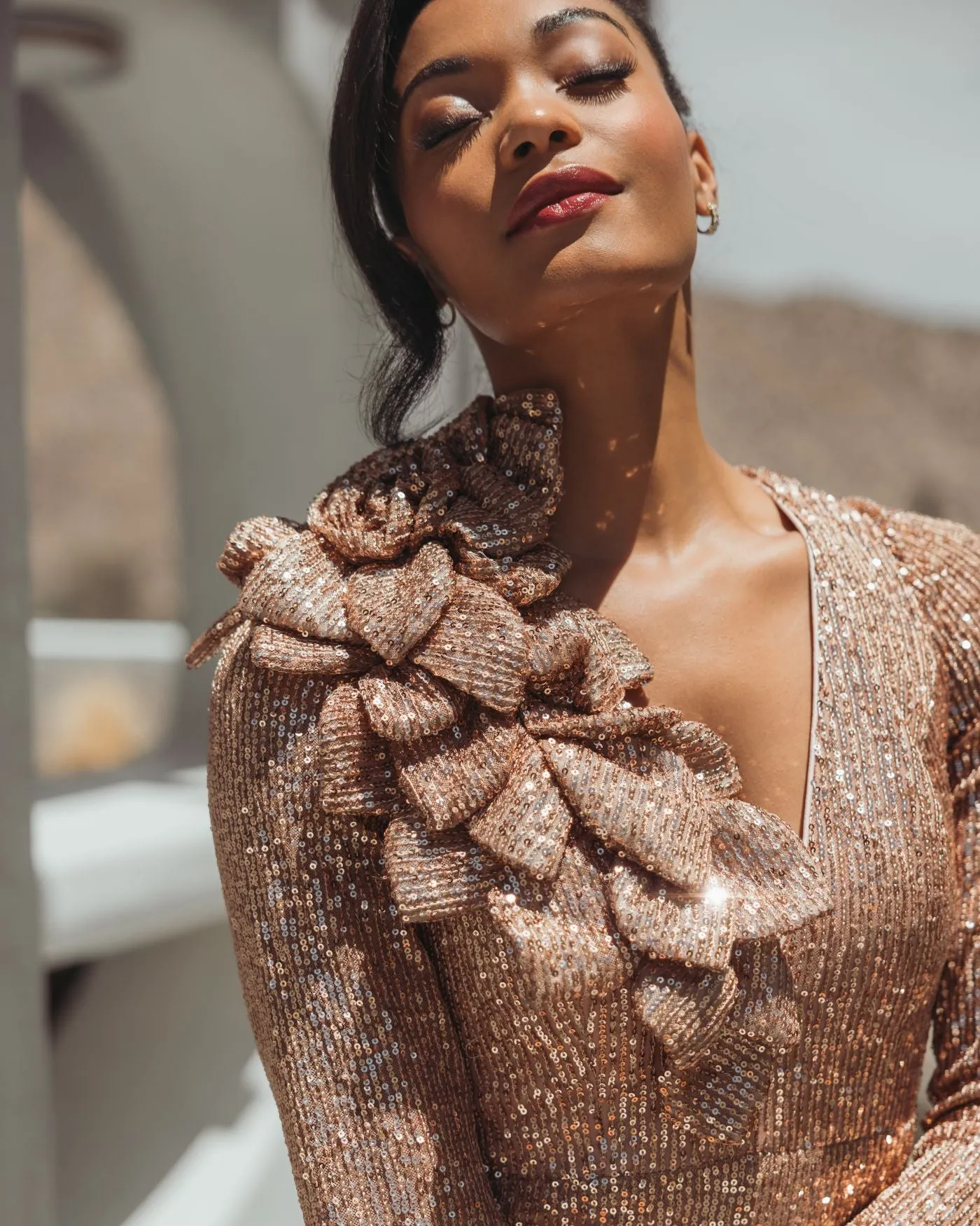 Light Pink Long Sleeve V Neck Sequin Gown With 3D Flower sold by Mac Duggal product image thumbnail 5